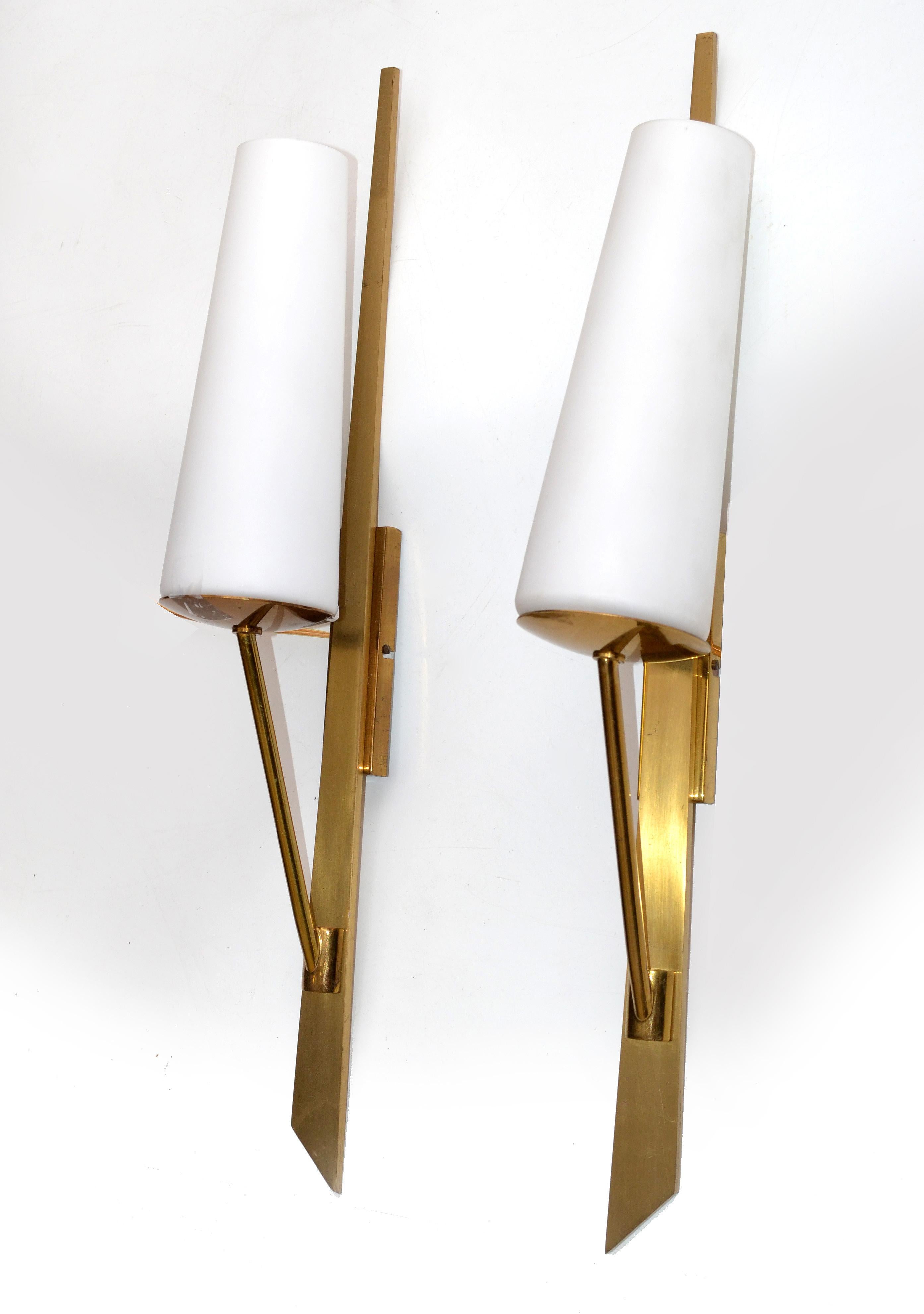 Mid-20th Century Maison Arlus Brass Sconces & Opaline Glass Shades Mid-Century Modern, Pair
