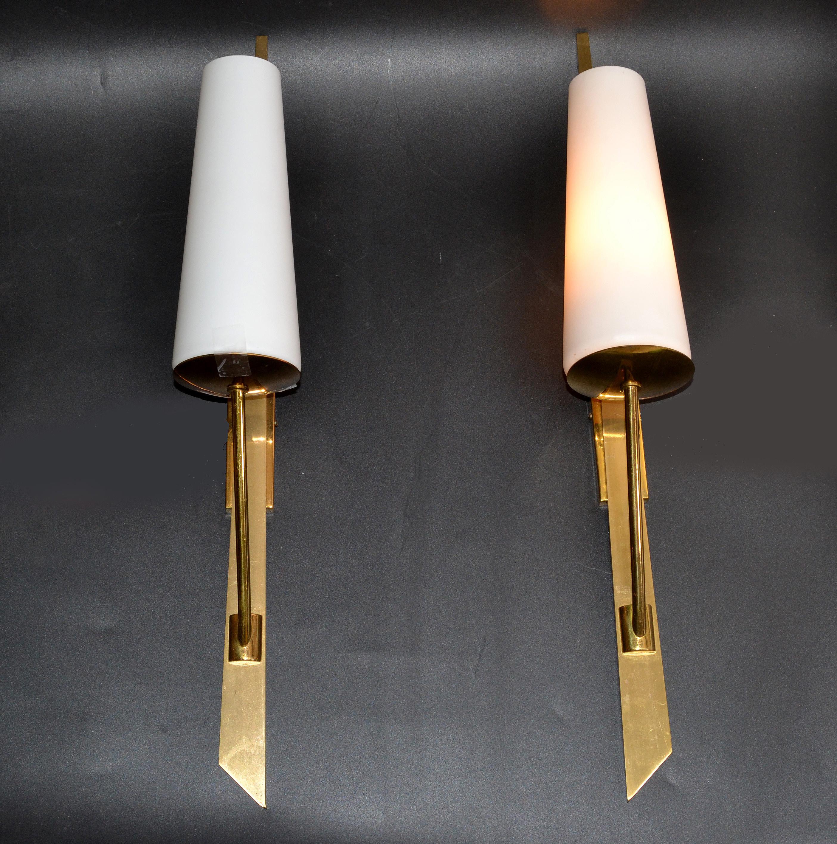 Maison Arlus Brass Sconces & Opaline Glass Shades Mid-Century Modern, Pair 2