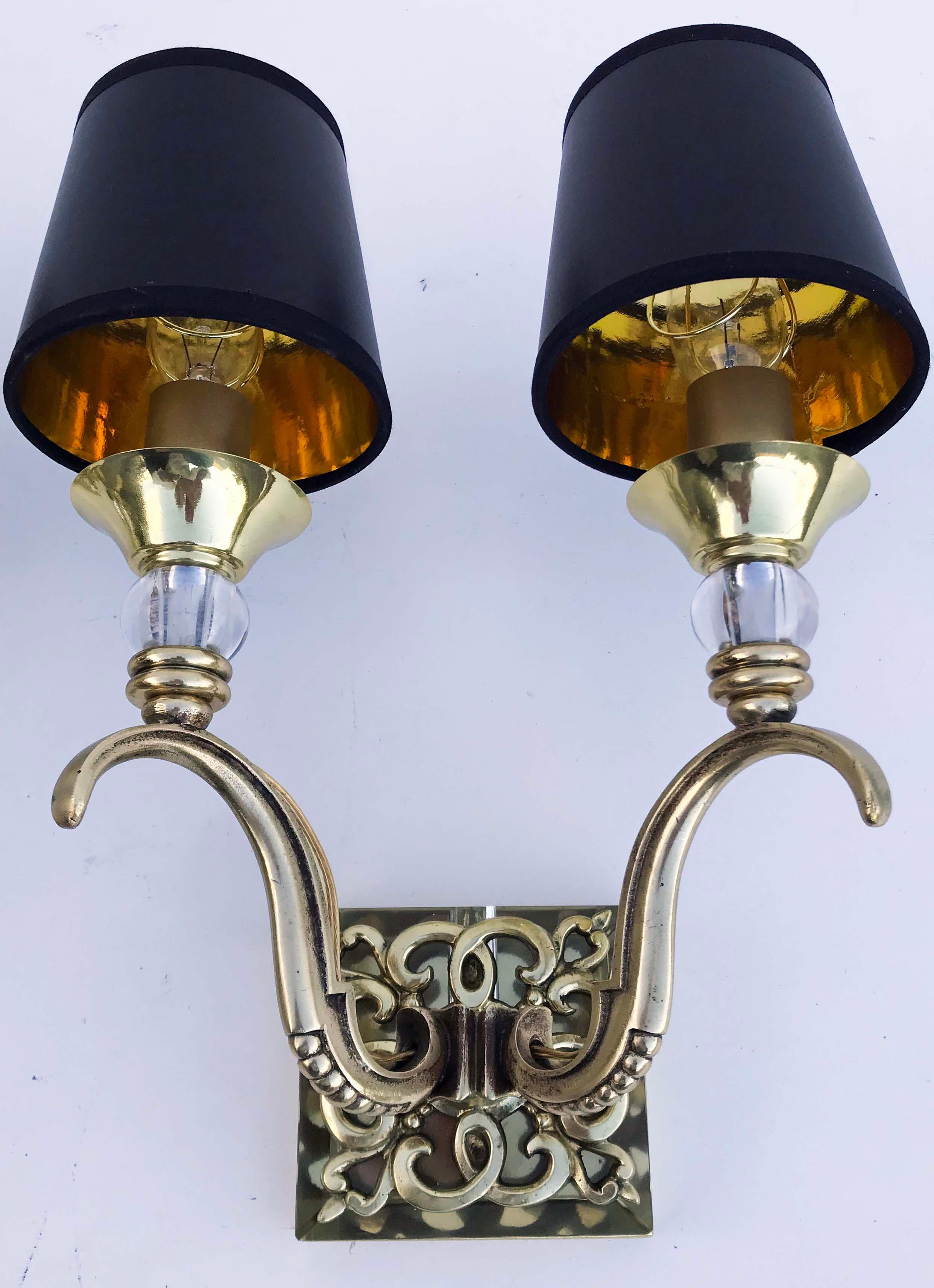 French Maison Arlus Bronze and Glass Sconces For Sale