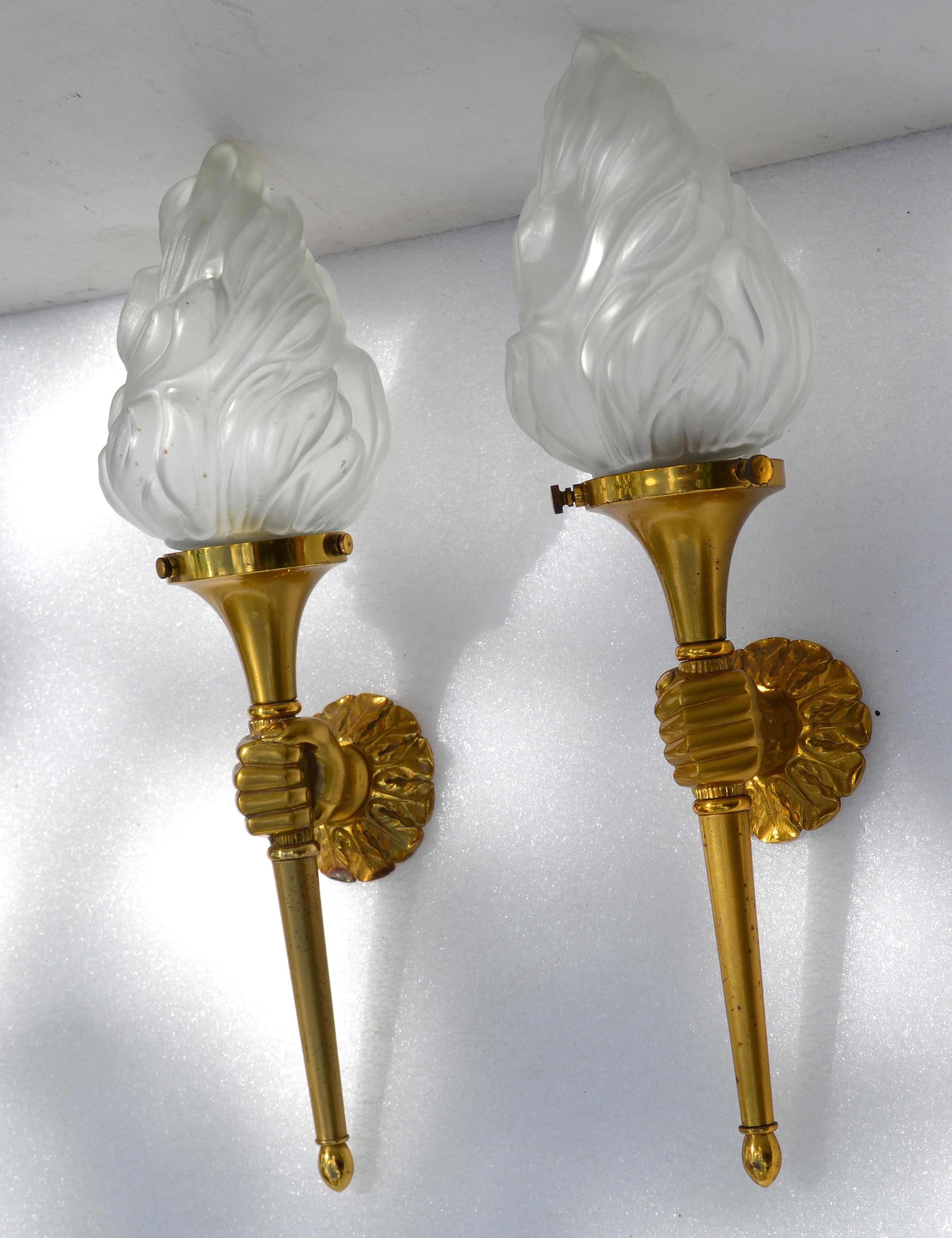 Maison Arlus Bronze Sconce Hand Holding Torch & Flame Glass Shade France, Pair For Sale 4