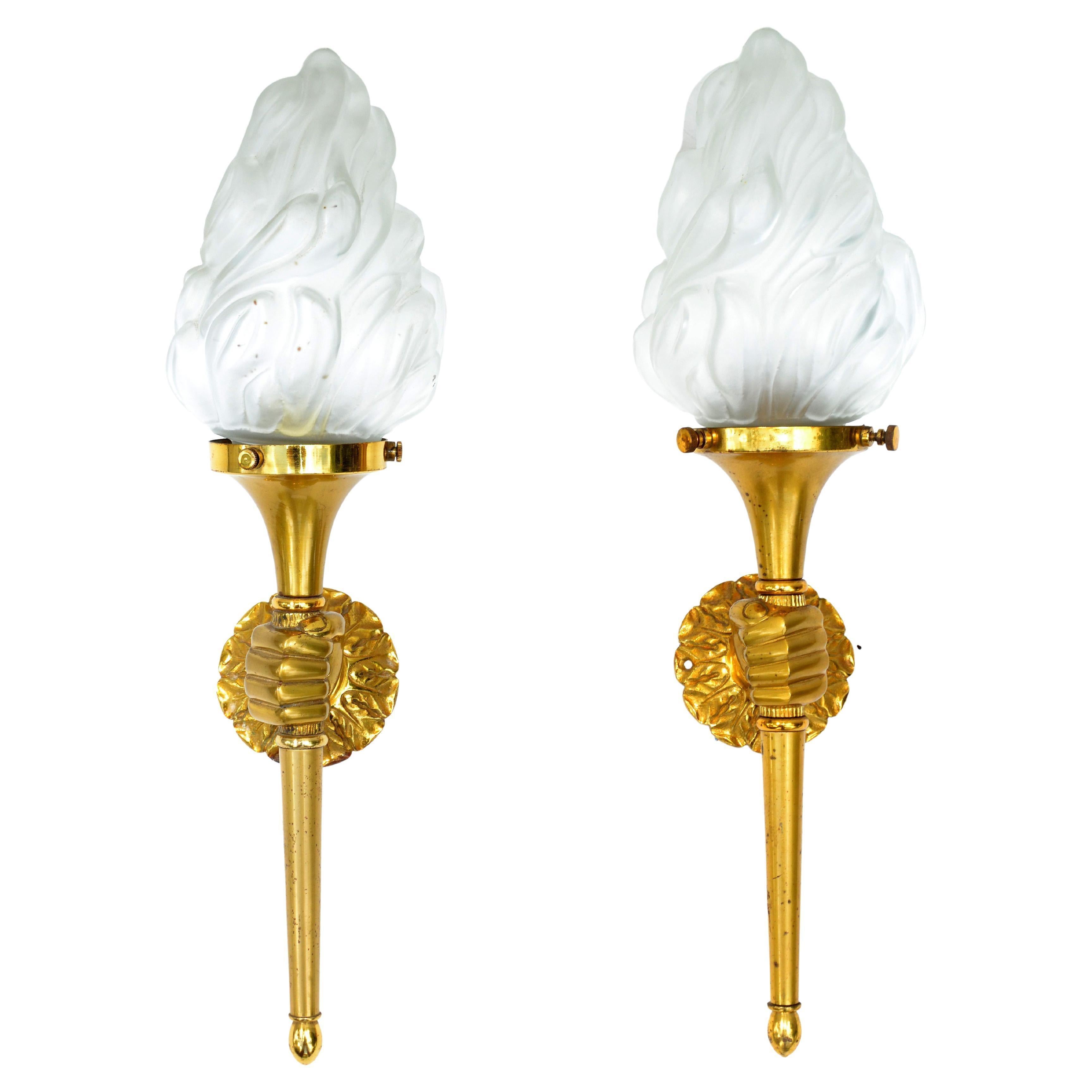 Superb pair of Maison Arlus hand sconce holding a Torch topped with blown glass shade.
Perfect working condition and each Wall Light takes 1 light bulb with max 40 watts. 
Back Plate measures: 3 inches Diameter. Custom back plate available.
3 set