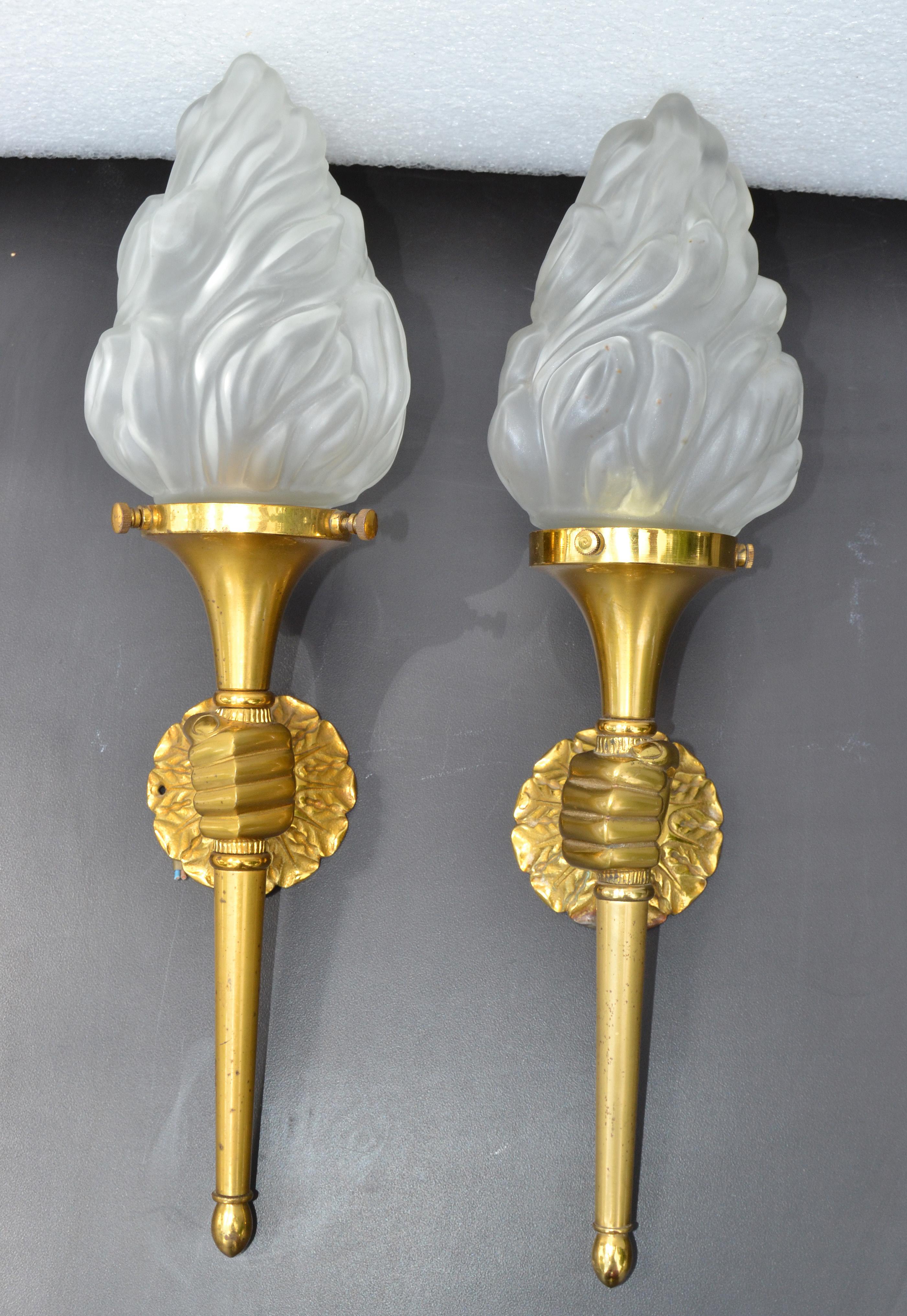 Mid-Century Modern Maison Arlus Bronze Sconce Hand Holding Torch & Flame Glass Shade France, Pair For Sale