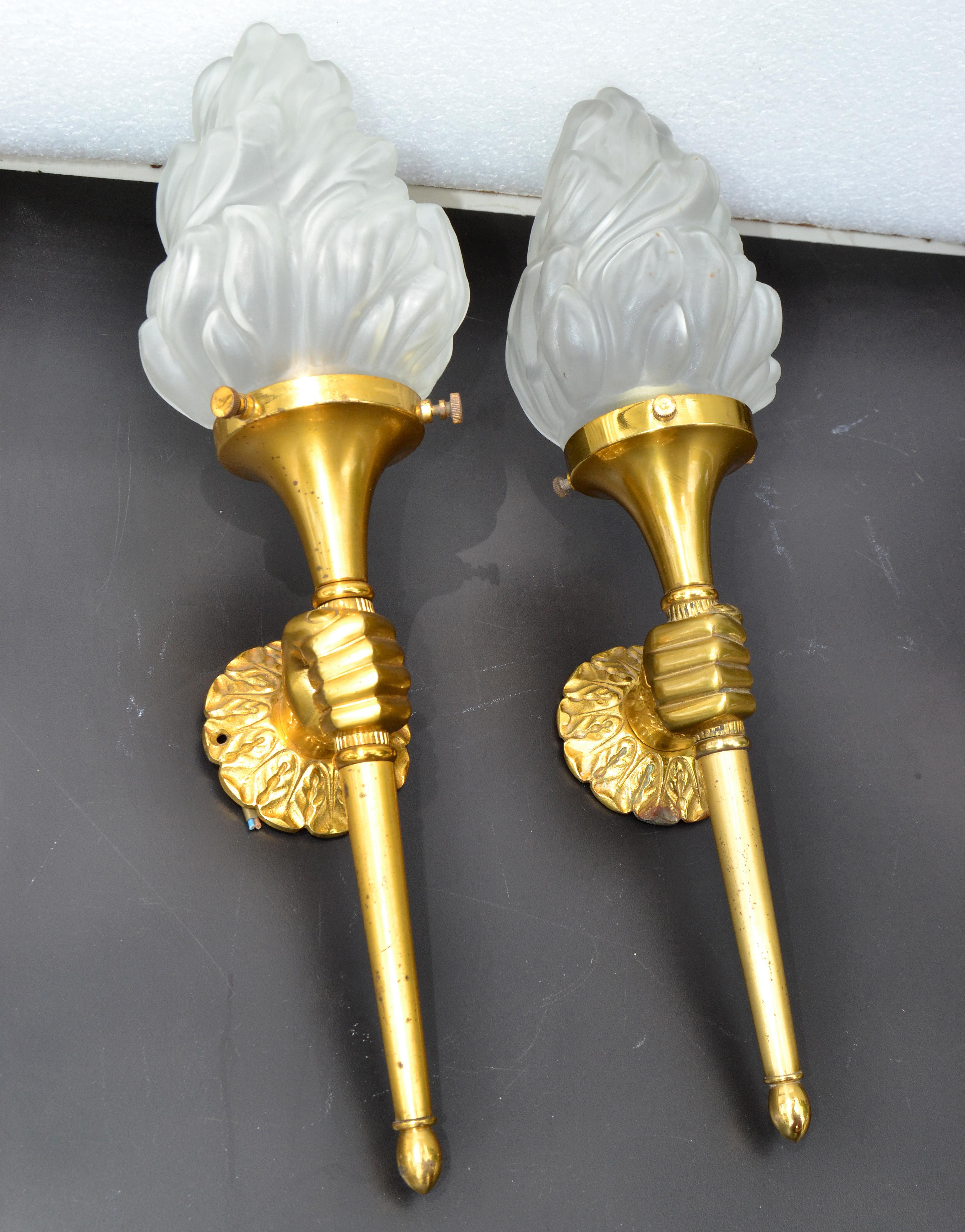 French Maison Arlus Bronze Sconce Hand Holding Torch & Flame Glass Shade France, Pair For Sale
