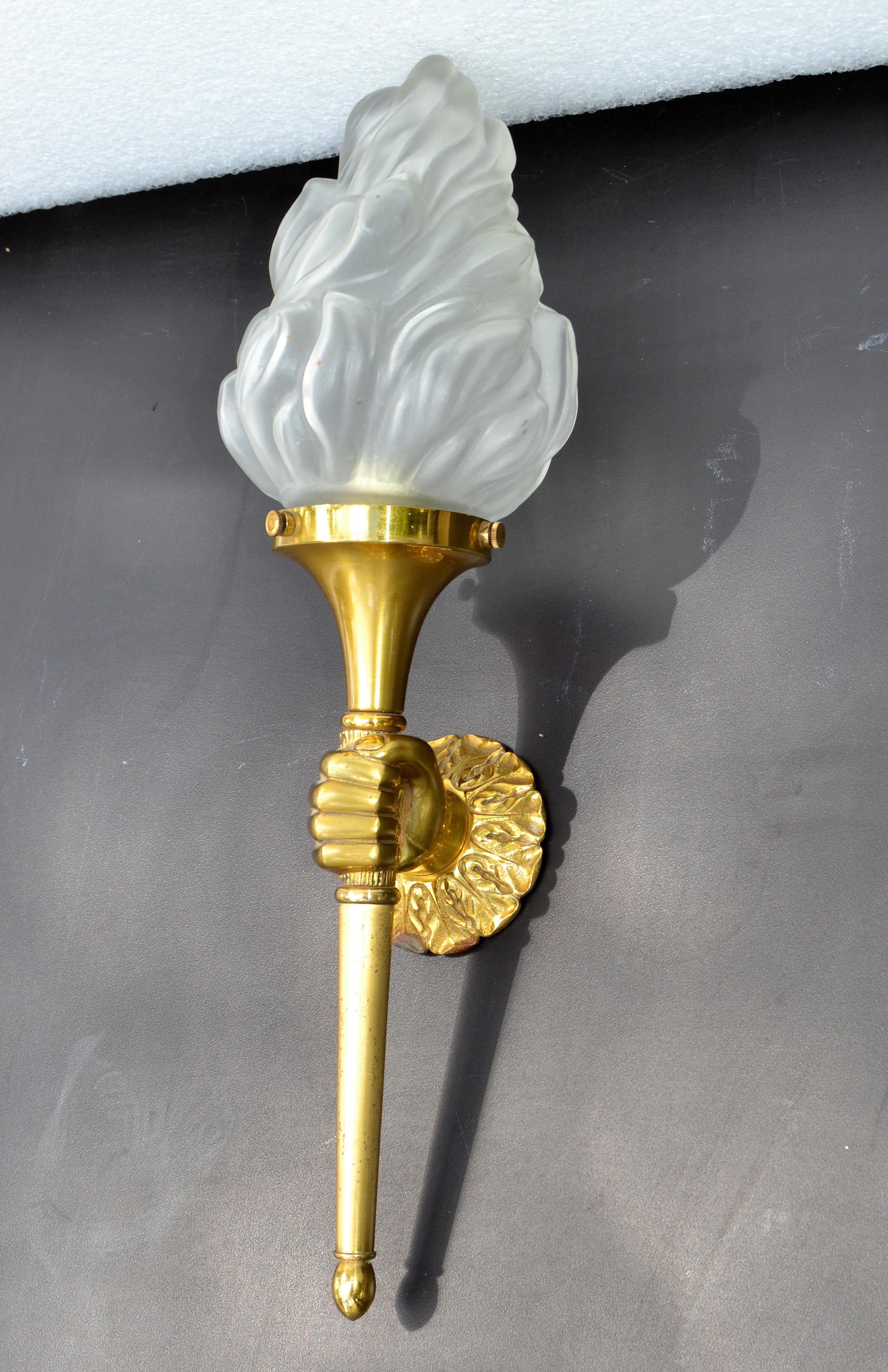 Maison Arlus Bronze Sconce Hand Holding Torch & Flame Glass Shade France, Pair In Good Condition For Sale In Miami, FL