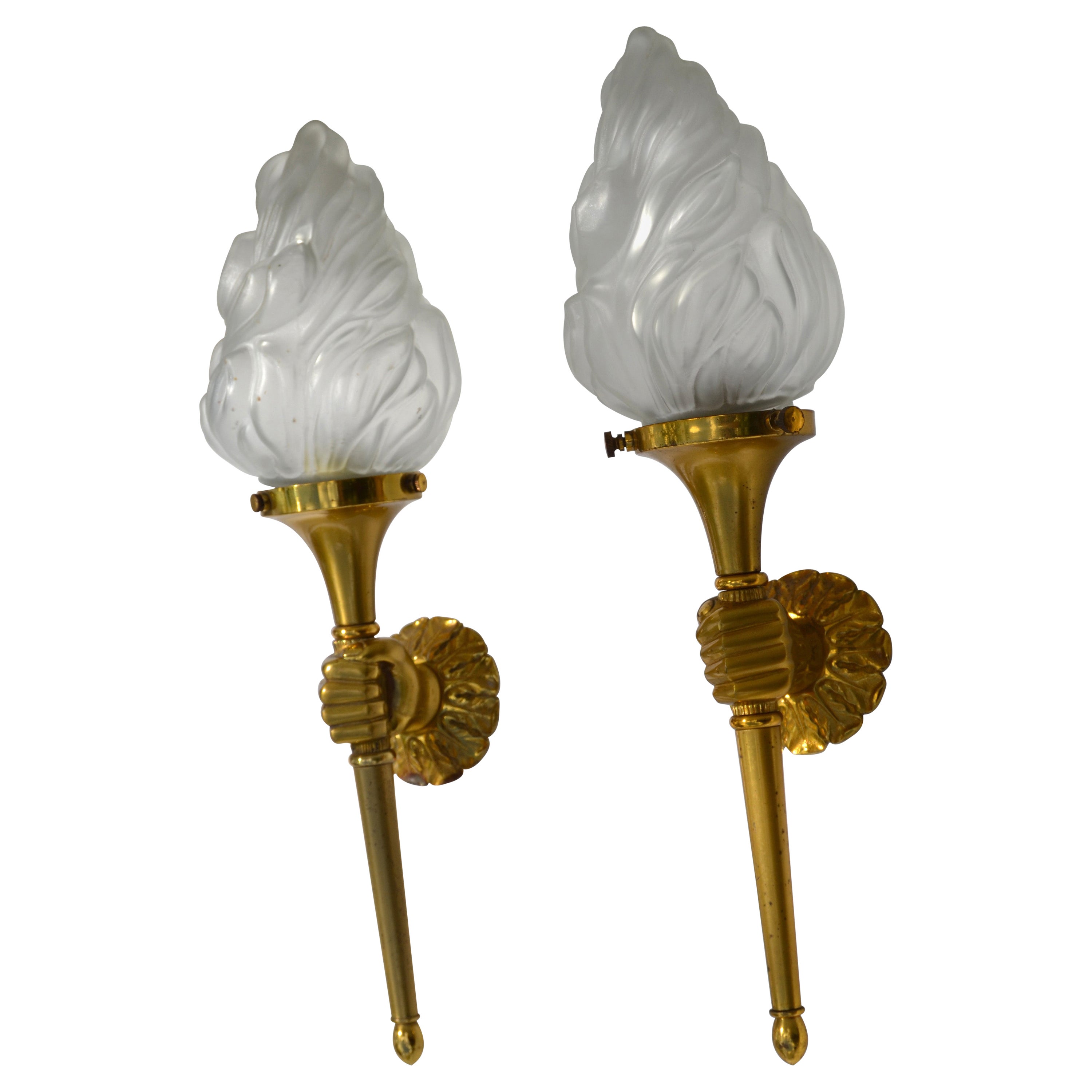 Maison Arlus Bronze Sconce Hand Holding Torch & Flame Glass Shade France, Pair