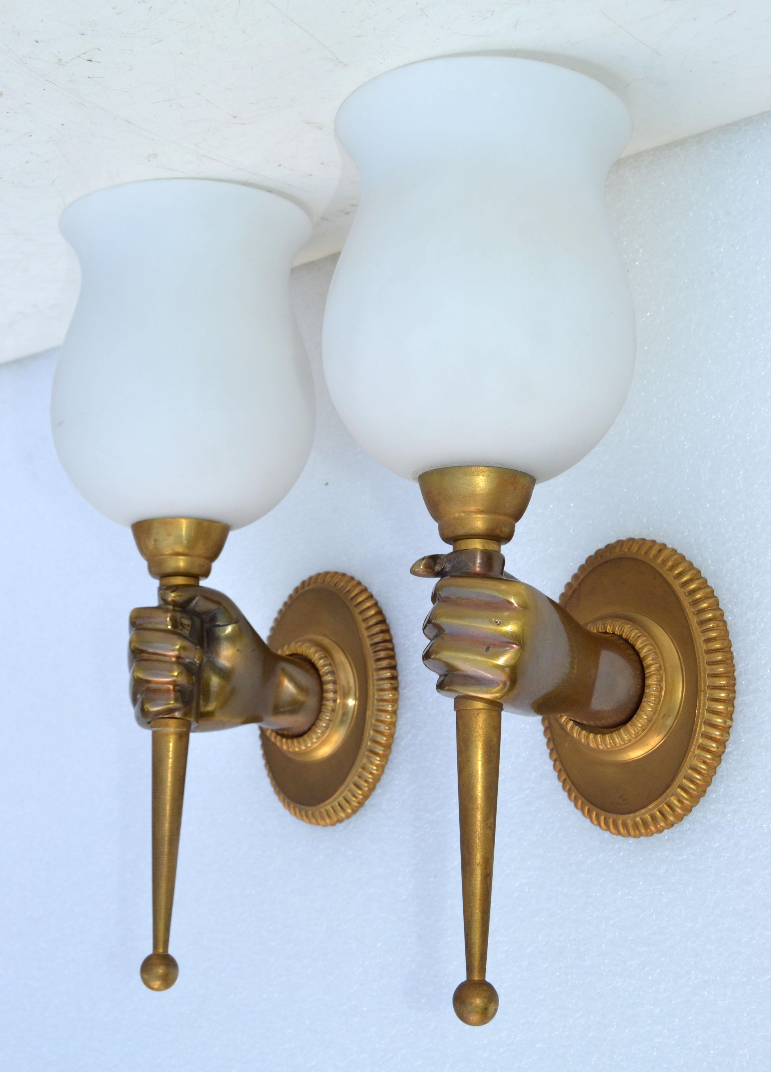 Maison Arlus Bronze Sconce Hand Holding Tulip Opaline Glass Shade France, Pair For Sale 6