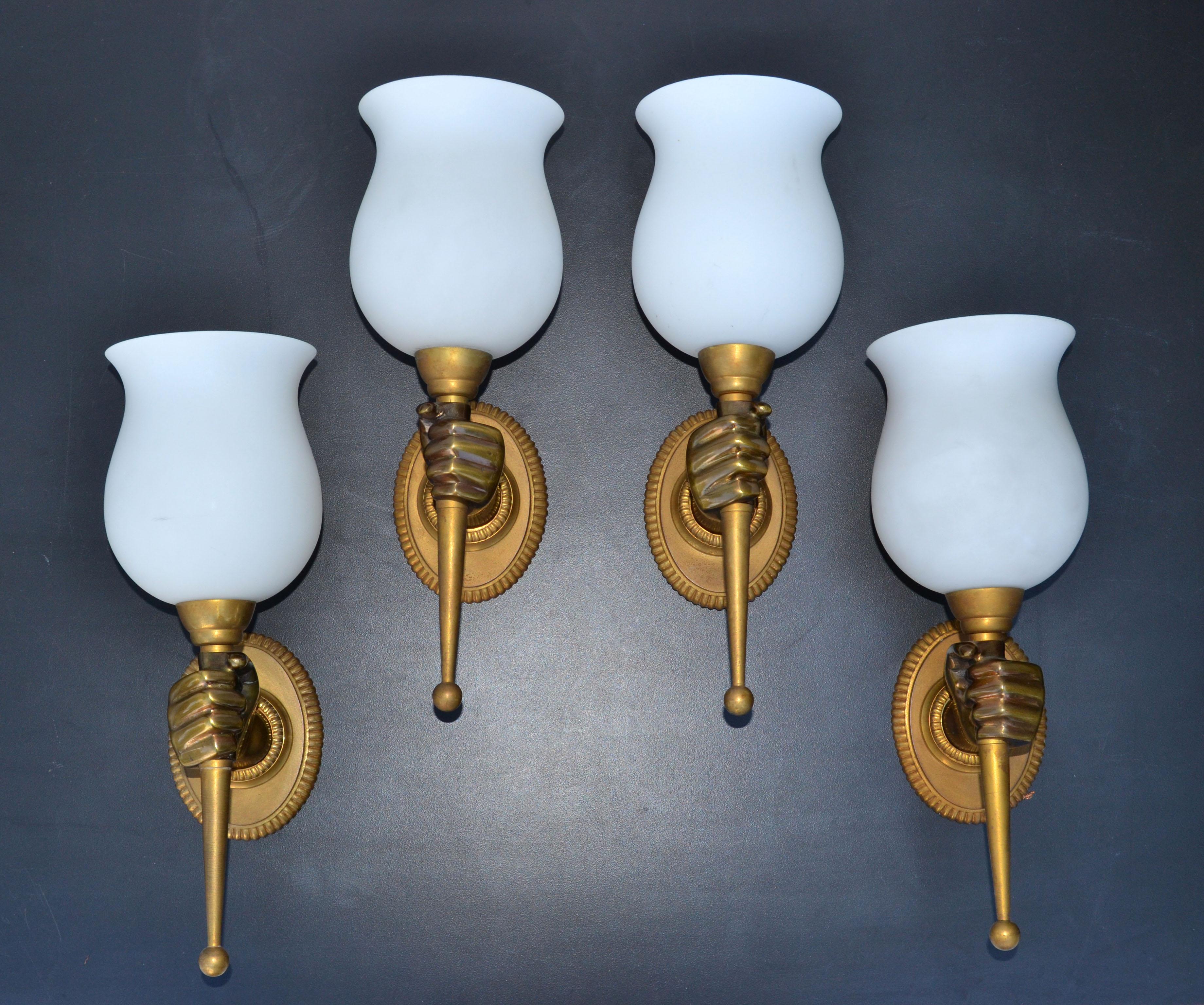 Superb pair of Maison Arlus opposite hand sconce holding a white opaline blown glass shade.
We have 2 pair available, listing is priced by pair.
Perfect working condition and each wall light takes 1 light bulb with max 60 watts. 
Back plate