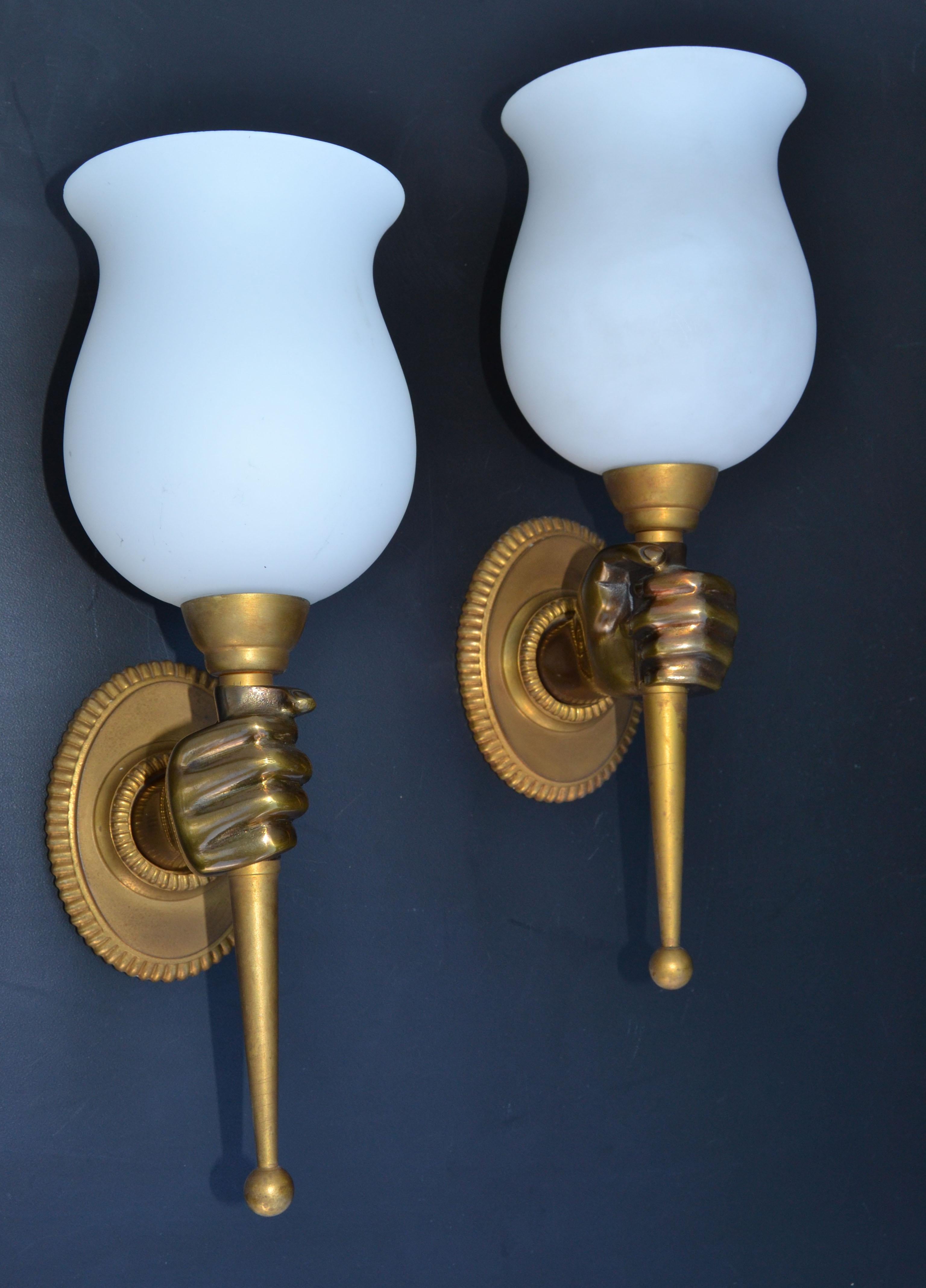 Mid-Century Modern Maison Arlus Bronze Sconce Hand Holding Tulip Opaline Glass Shade France, Pair For Sale