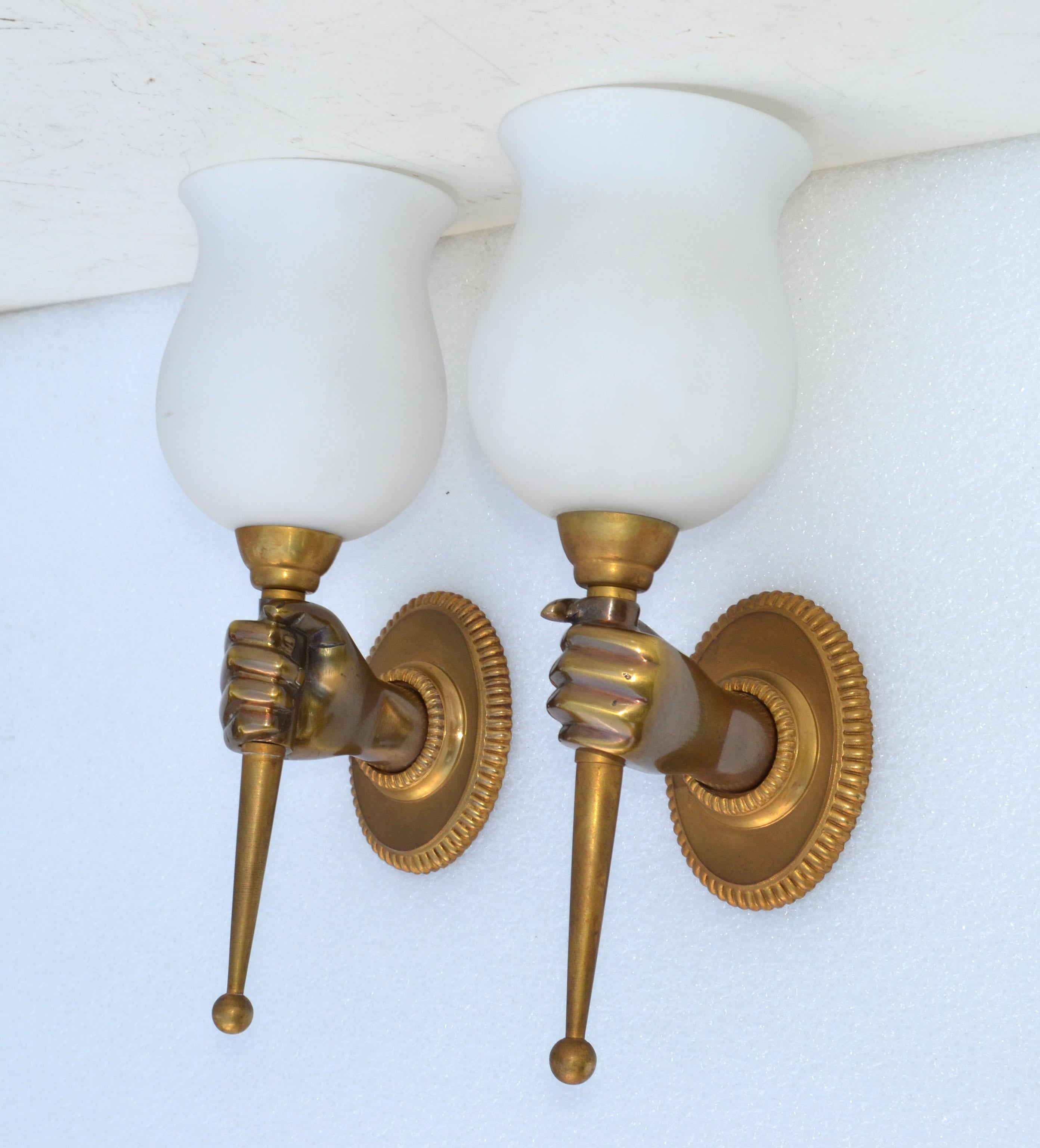 French Maison Arlus Bronze Sconce Hand Holding Tulip Opaline Glass Shade France, Pair