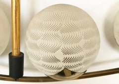 Maison Arlus Chandelier Brass Wood Round Blown Opaline Glass Shades France 1960