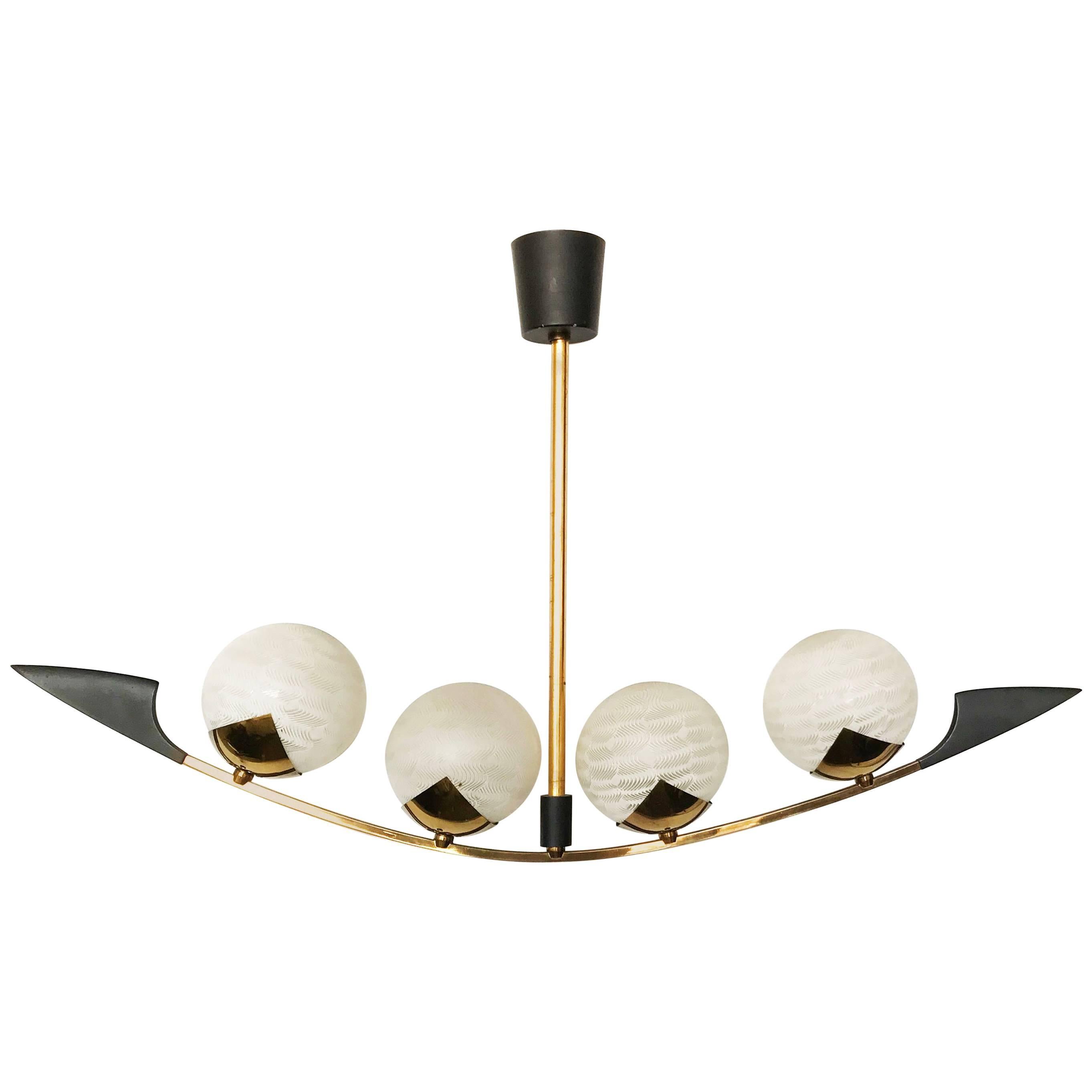 Maison Arlus Chandelier Brass Wood Round Blown Opaline Glass Shades France 1960
