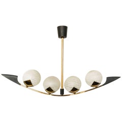 Maison Arlus Chandelier Brass Wood Round Blown Opaline Glass Shades France 1960