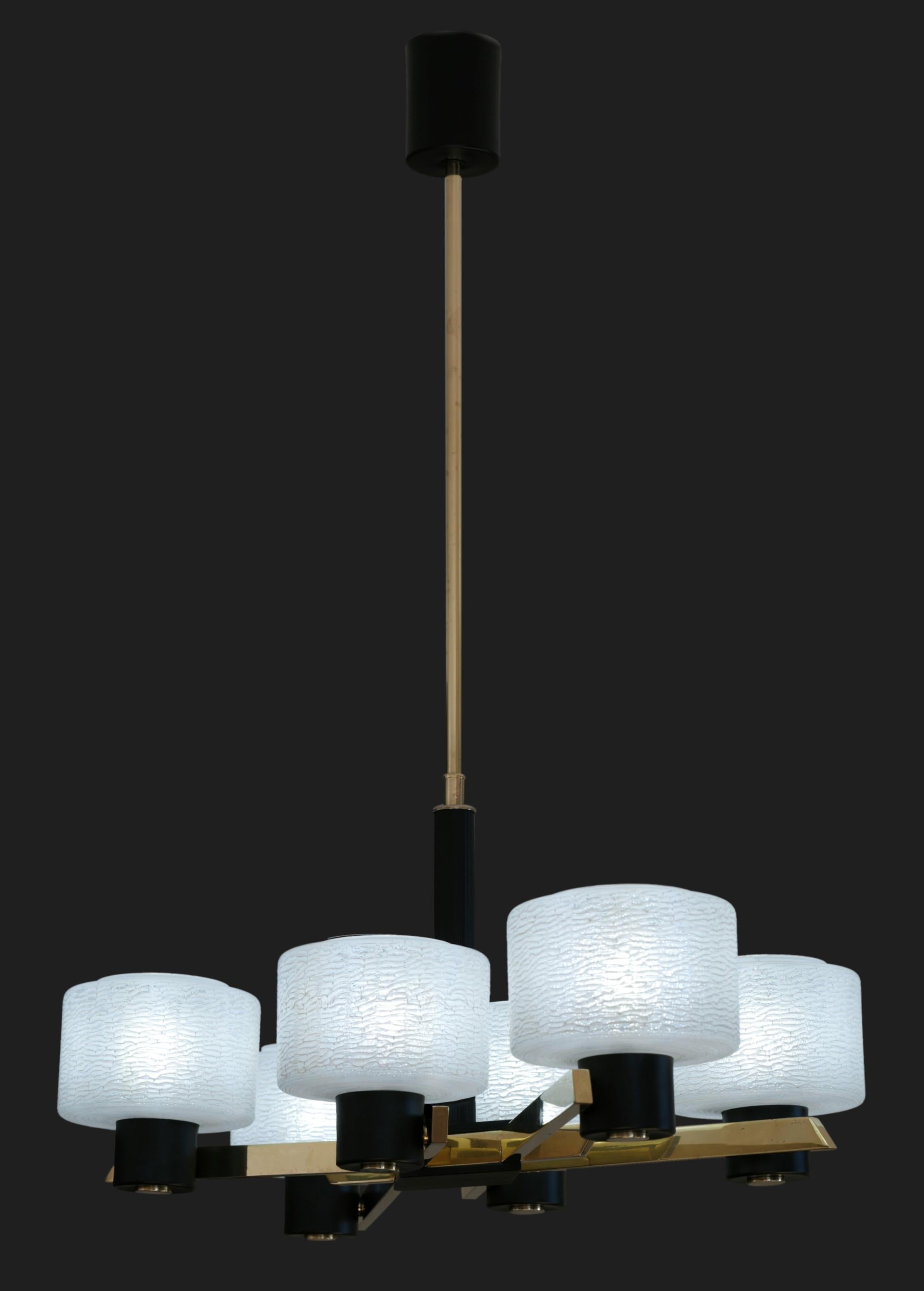French midcentury chandelier by Maison Arlus (Paris), France, 1950s. 6 white glass shades. Brass and painted black metal. Height: 29.3