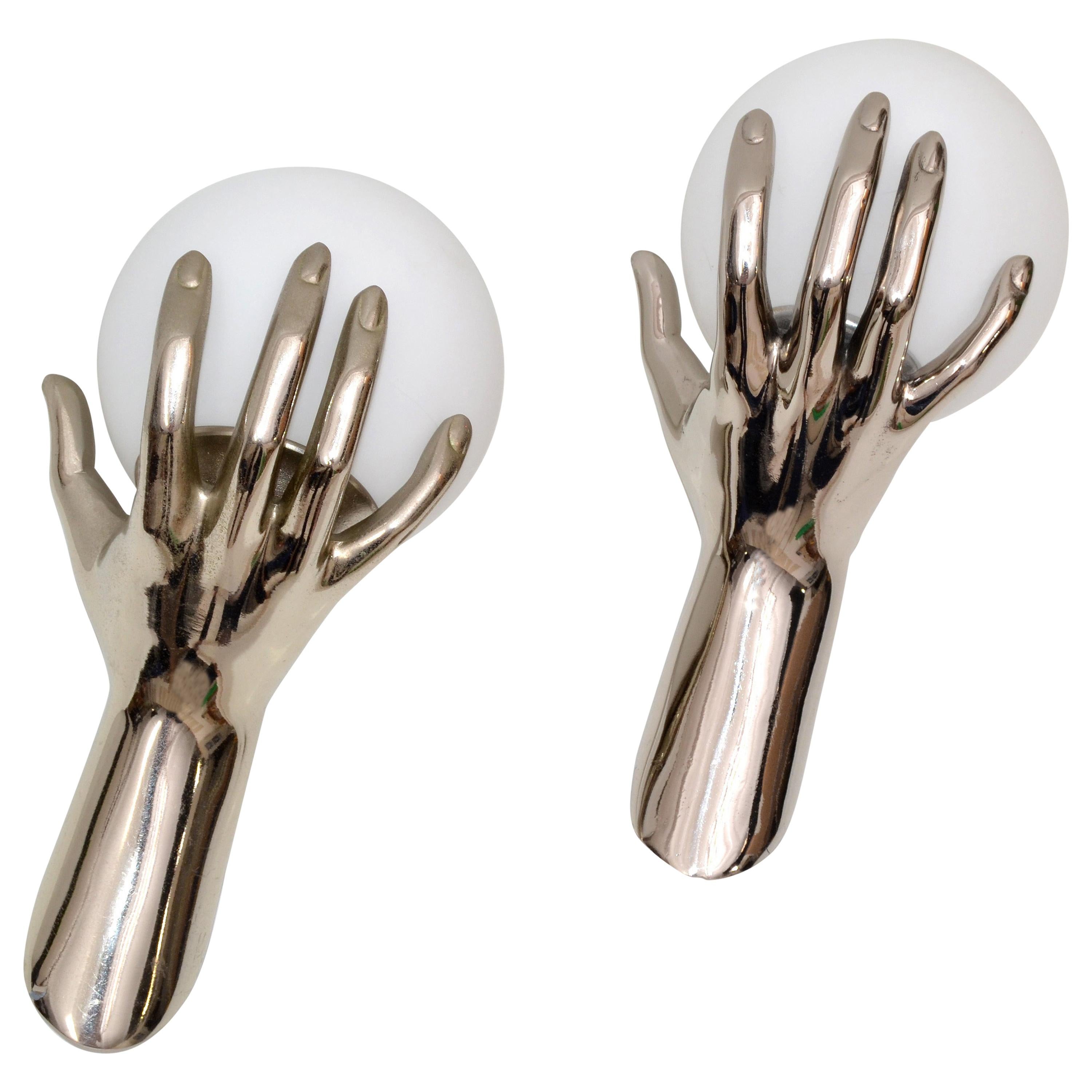 Maison Arlus French Silver Patina Hand Sconces and White Opaline Shades, 1970 For Sale