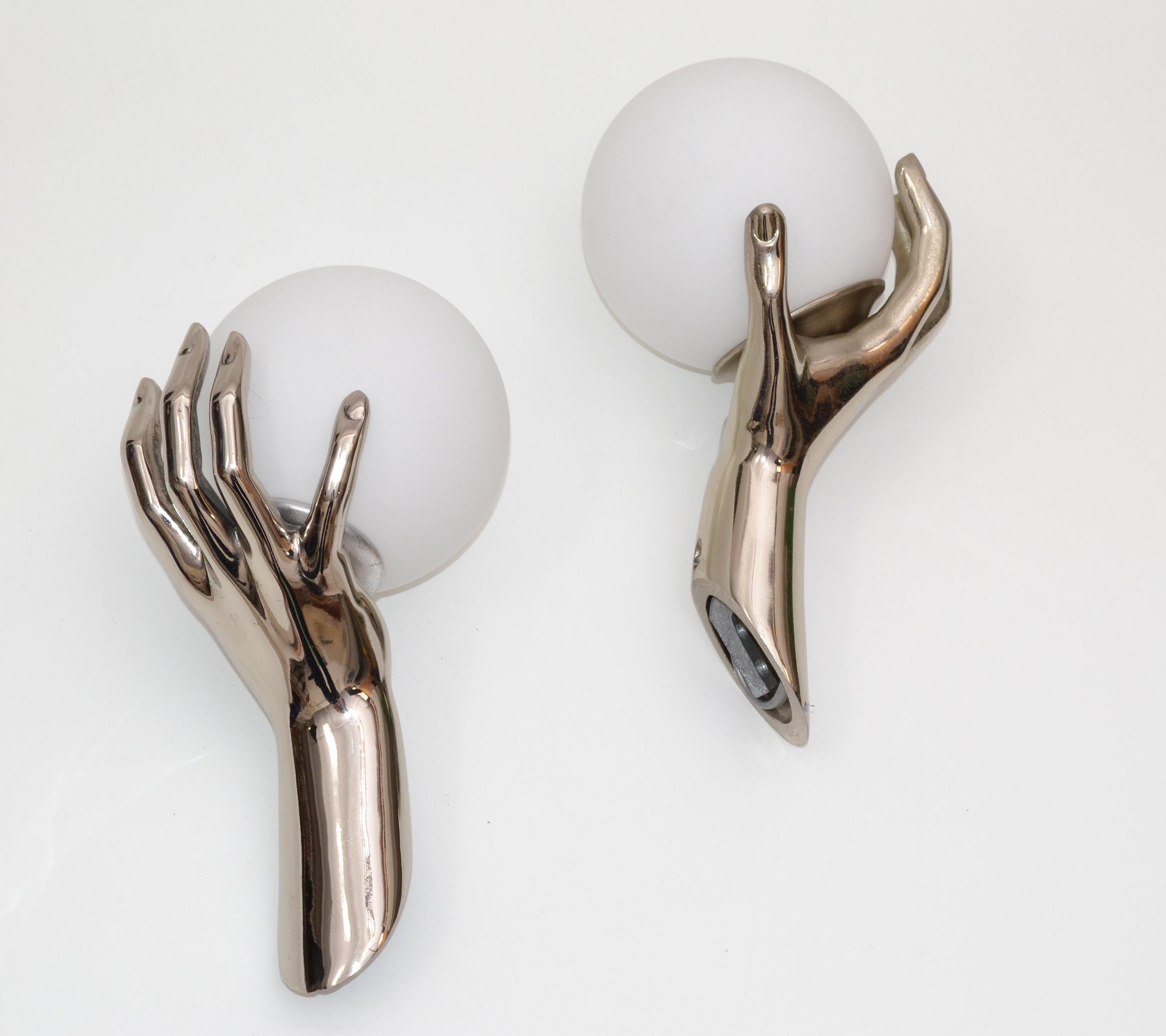 Maison Arlus French Silver Patina Hand Sconces and White Opaline Shades, 1970 3