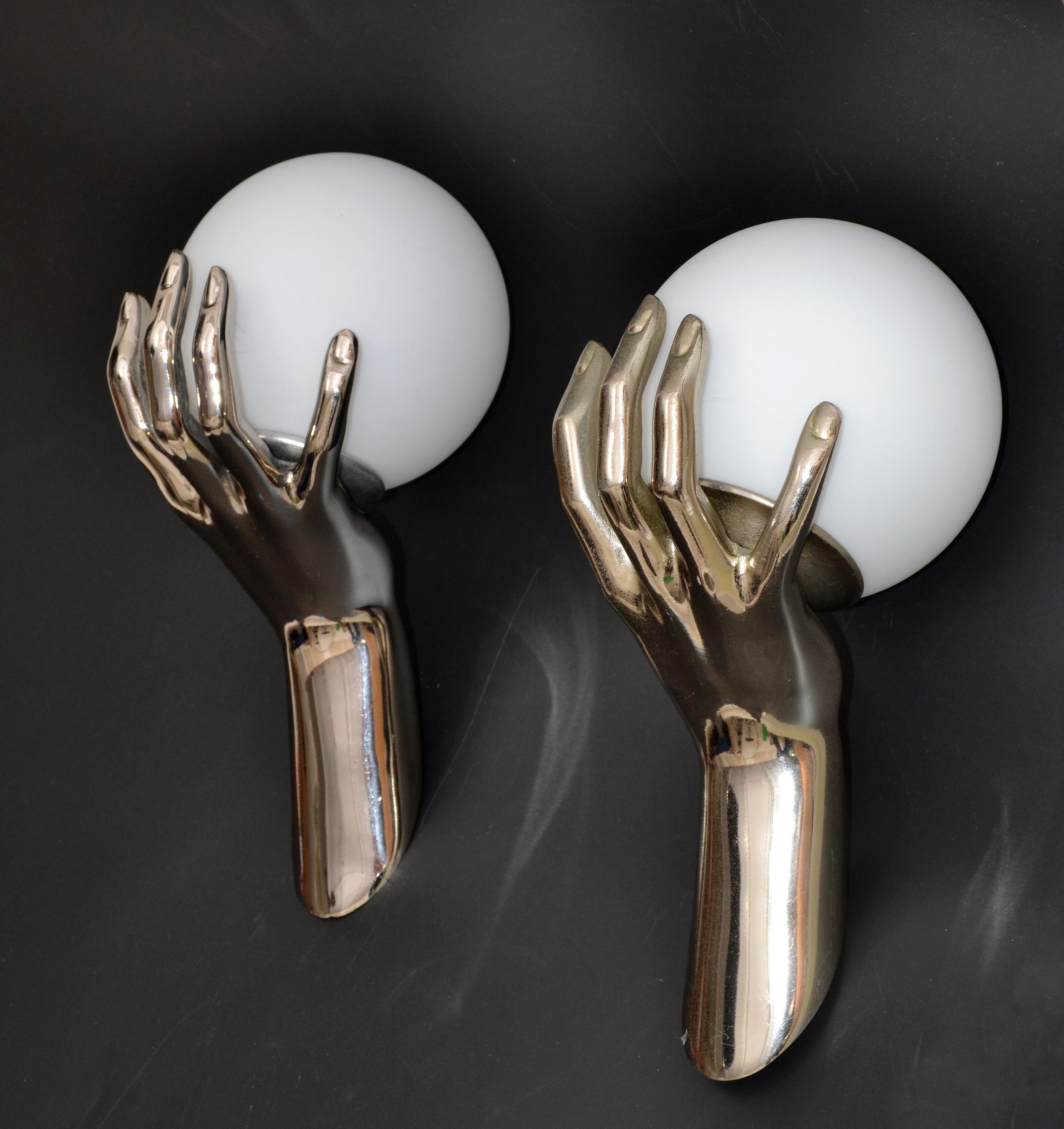 Maison Arlus French Silver Patina Hand Sconces and White Opaline Shades, 1970 8