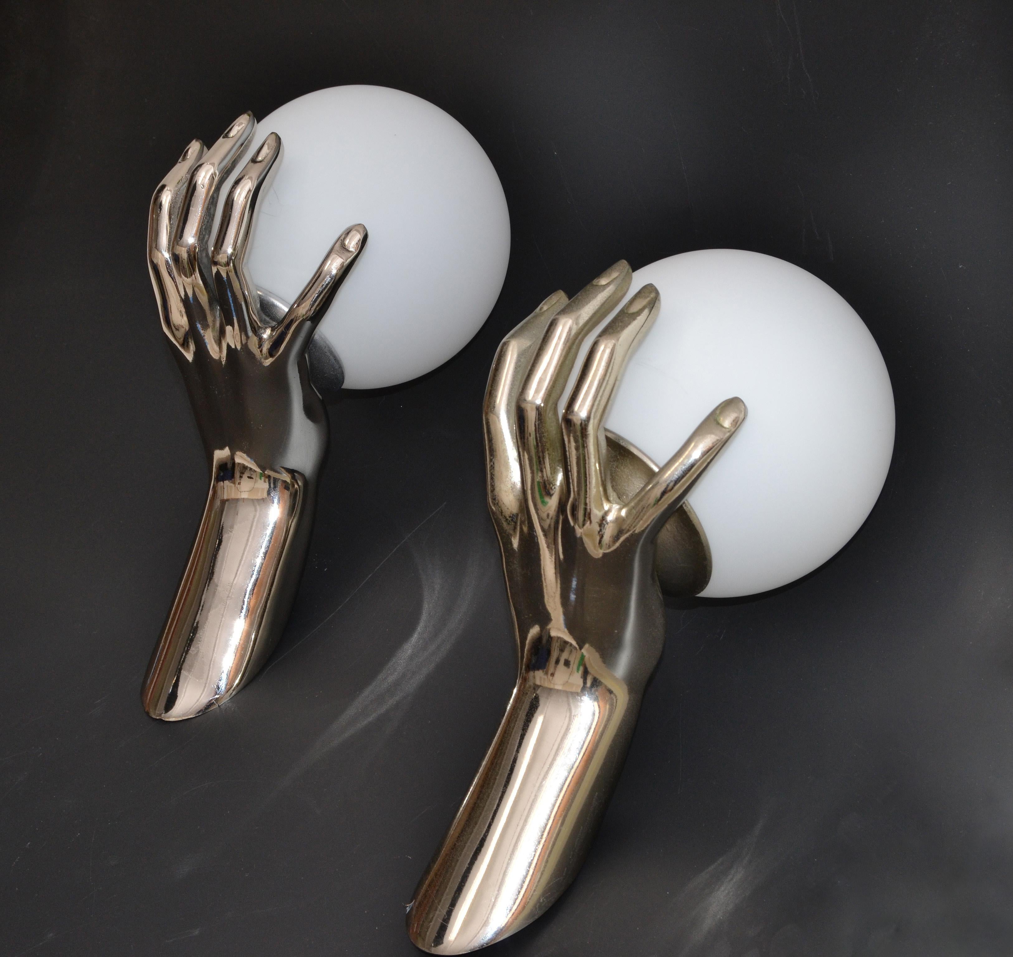 Plated Maison Arlus French Silver Patina Hand Sconces and White Opaline Shades, 1970 For Sale