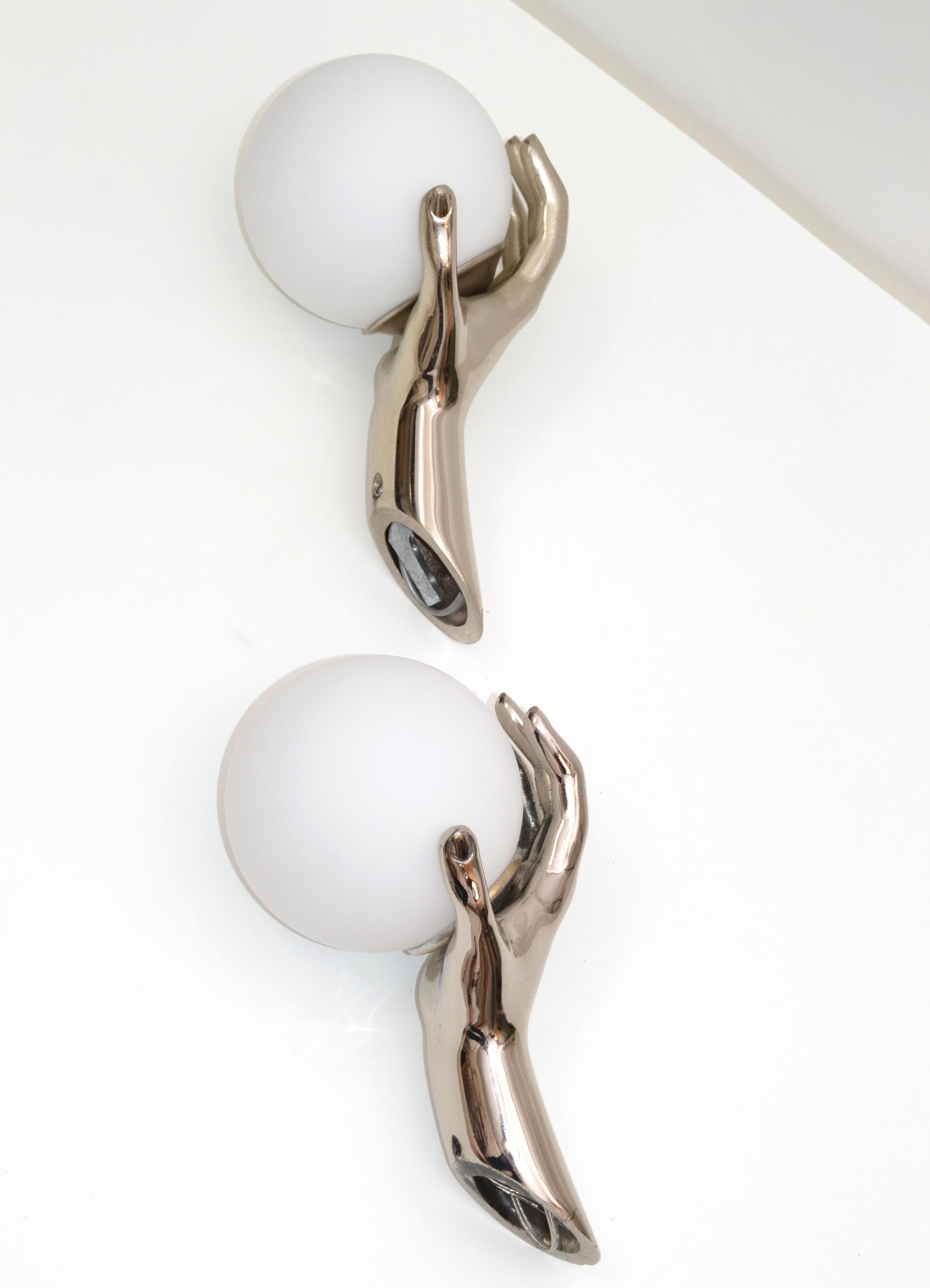 Maison Arlus French Silver Patina Hand Sconces and White Opaline Shades, 1970 For Sale 2
