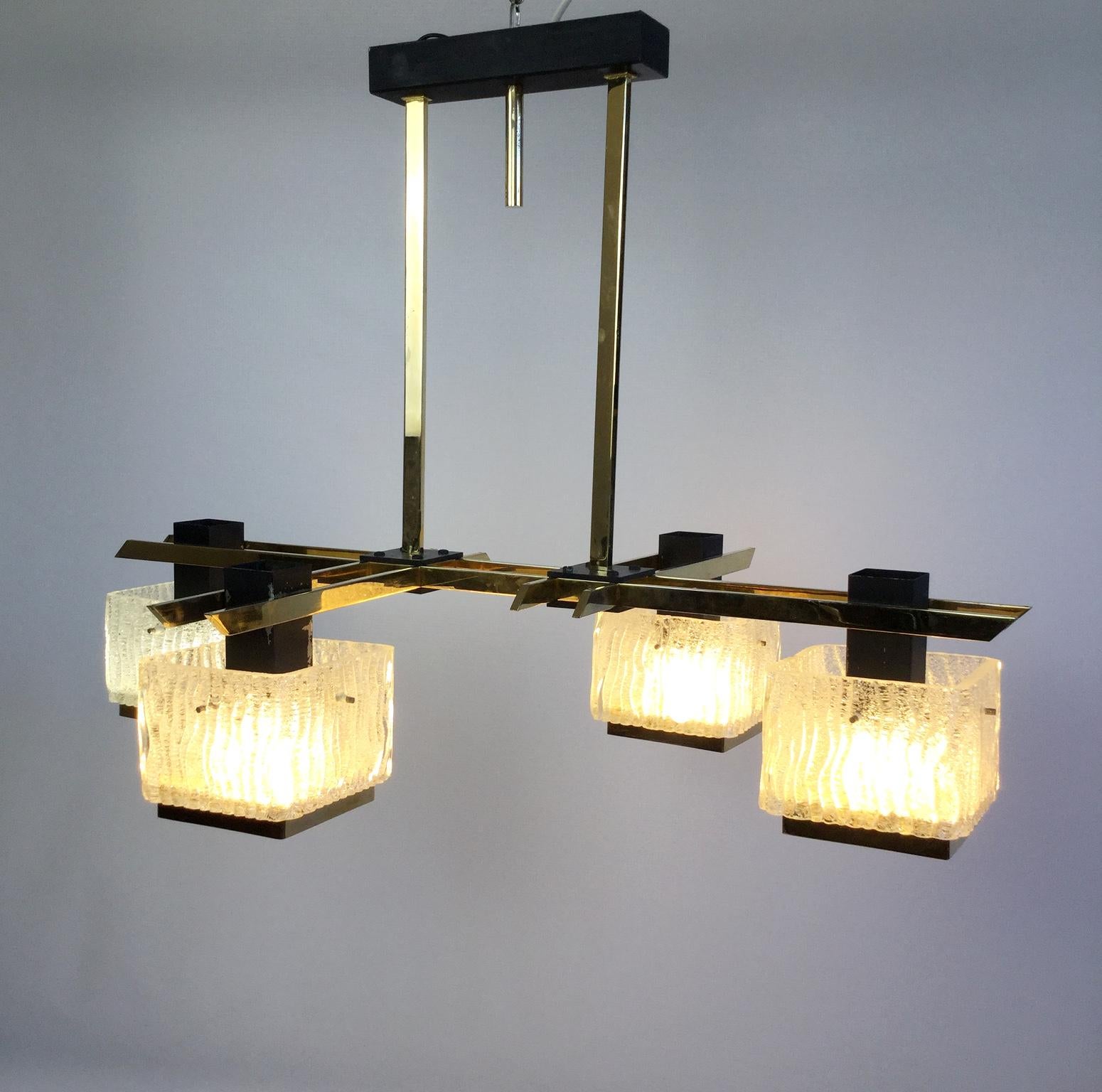 French Maison Arlus Glass and Brass Chandelier 1960s