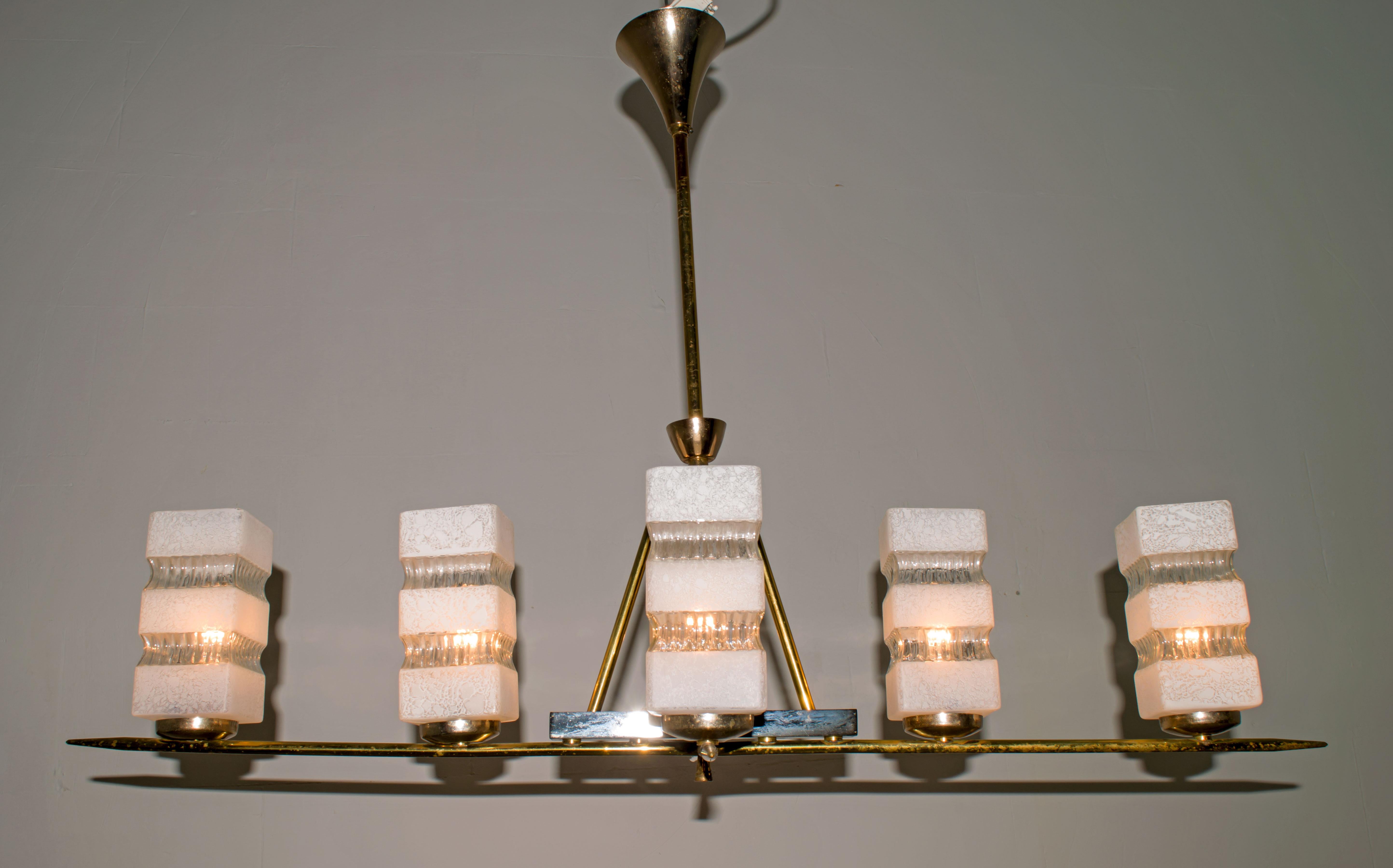 Maison Arlus Mid-Century Modern France Brass and Glass Chandelier, 1950s 5
