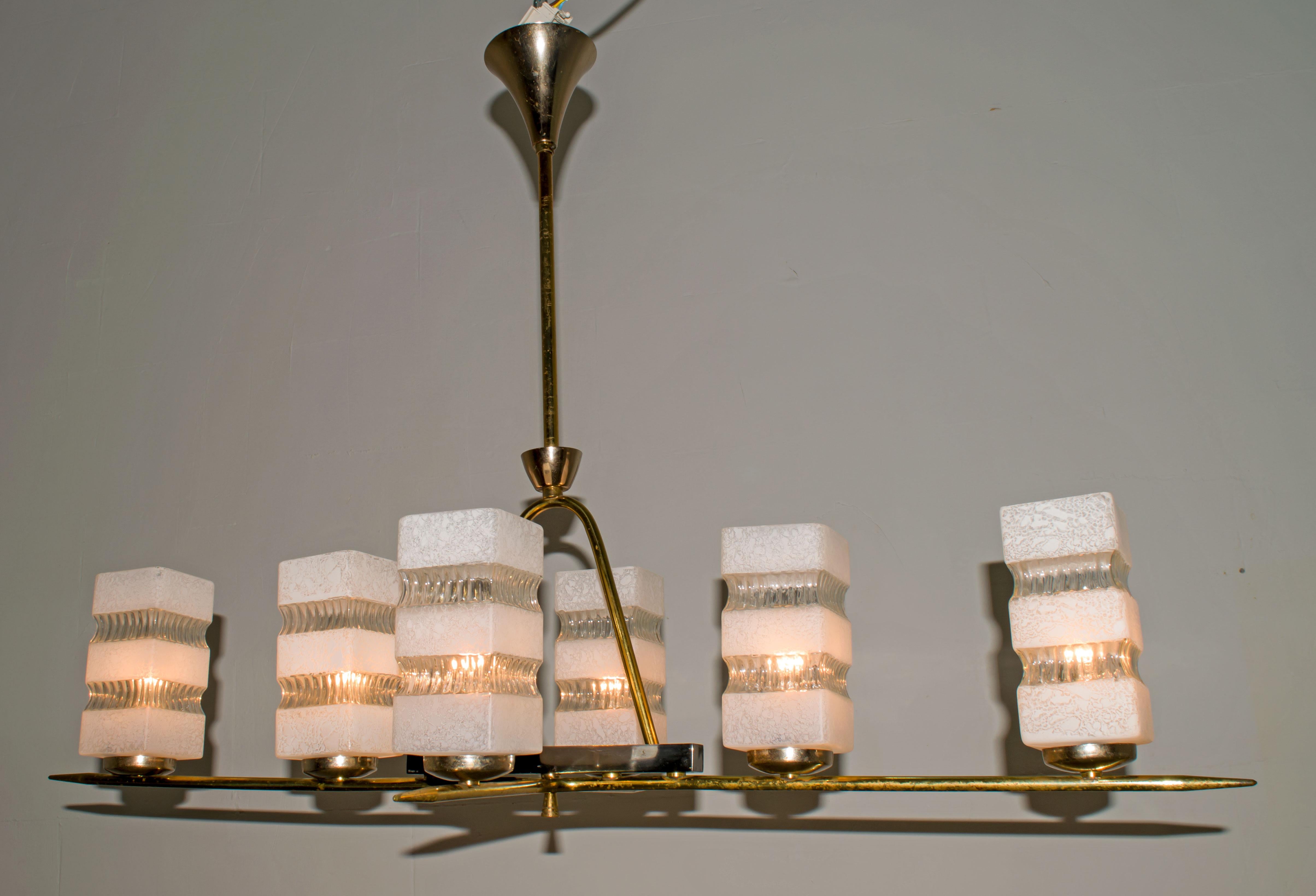 Maison Arlus Mid-Century Modern France Brass and Glass Chandelier, 1950s 6