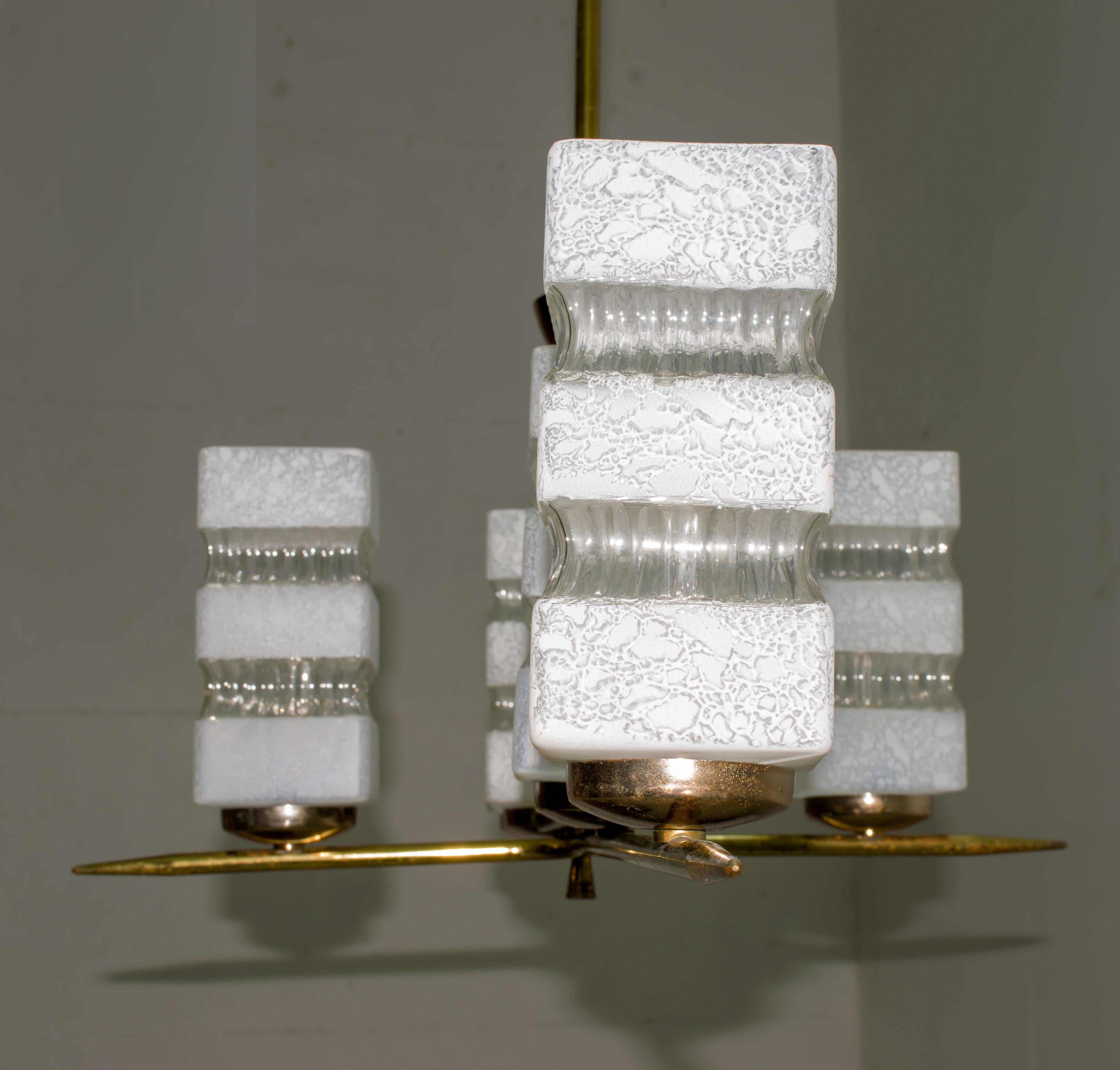 Maison Arlus Mid-Century Modern France Brass and Glass Chandelier, 1950s 3