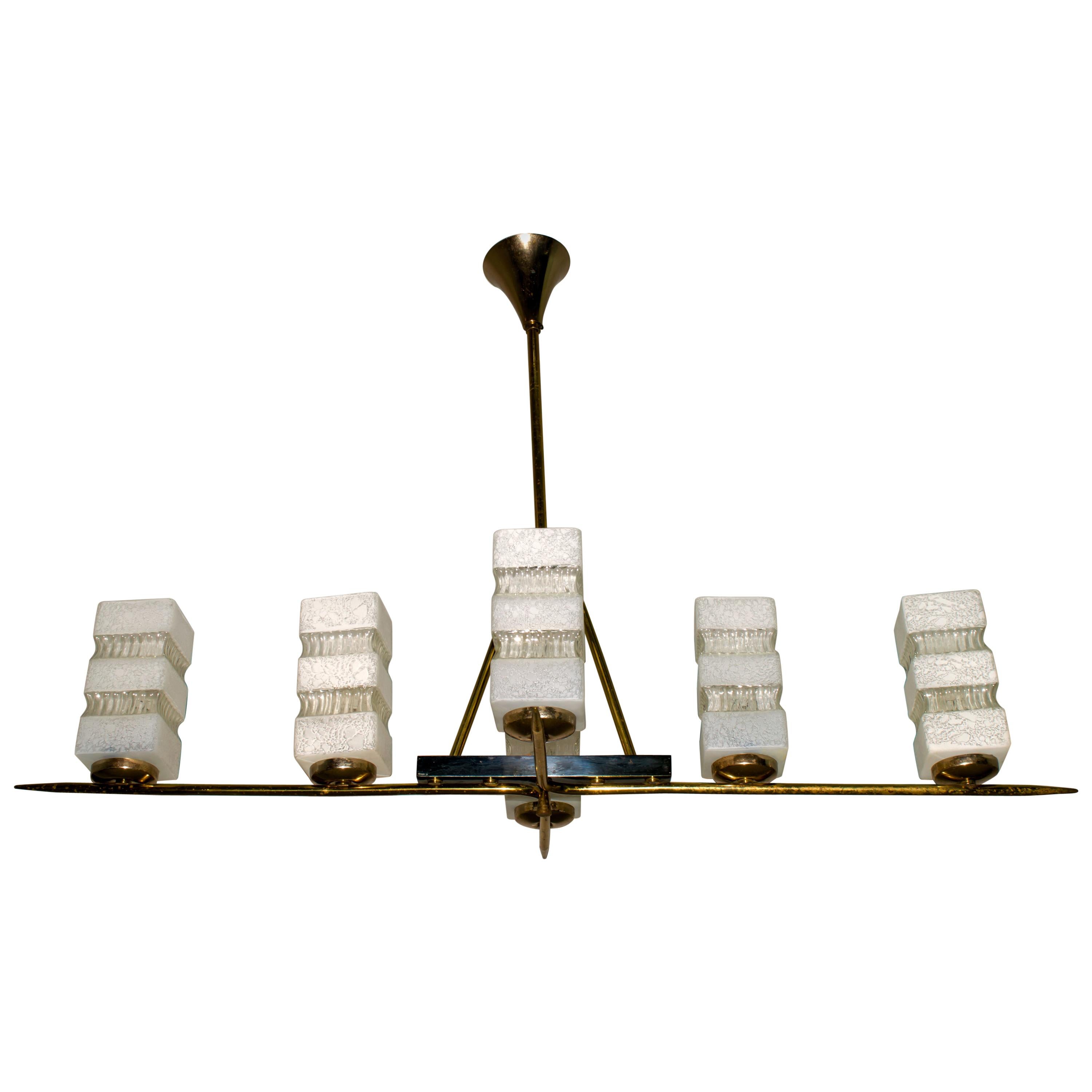 Maison Arlus Mid-Century Modern France Brass and Glass Chandelier, 1950s