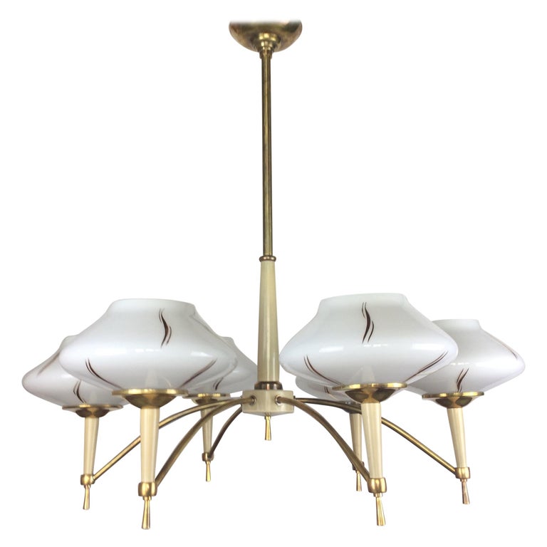 Maison Arlus glass-globe six-arm chandelier, ca. 1950, offered by Euro Antiques