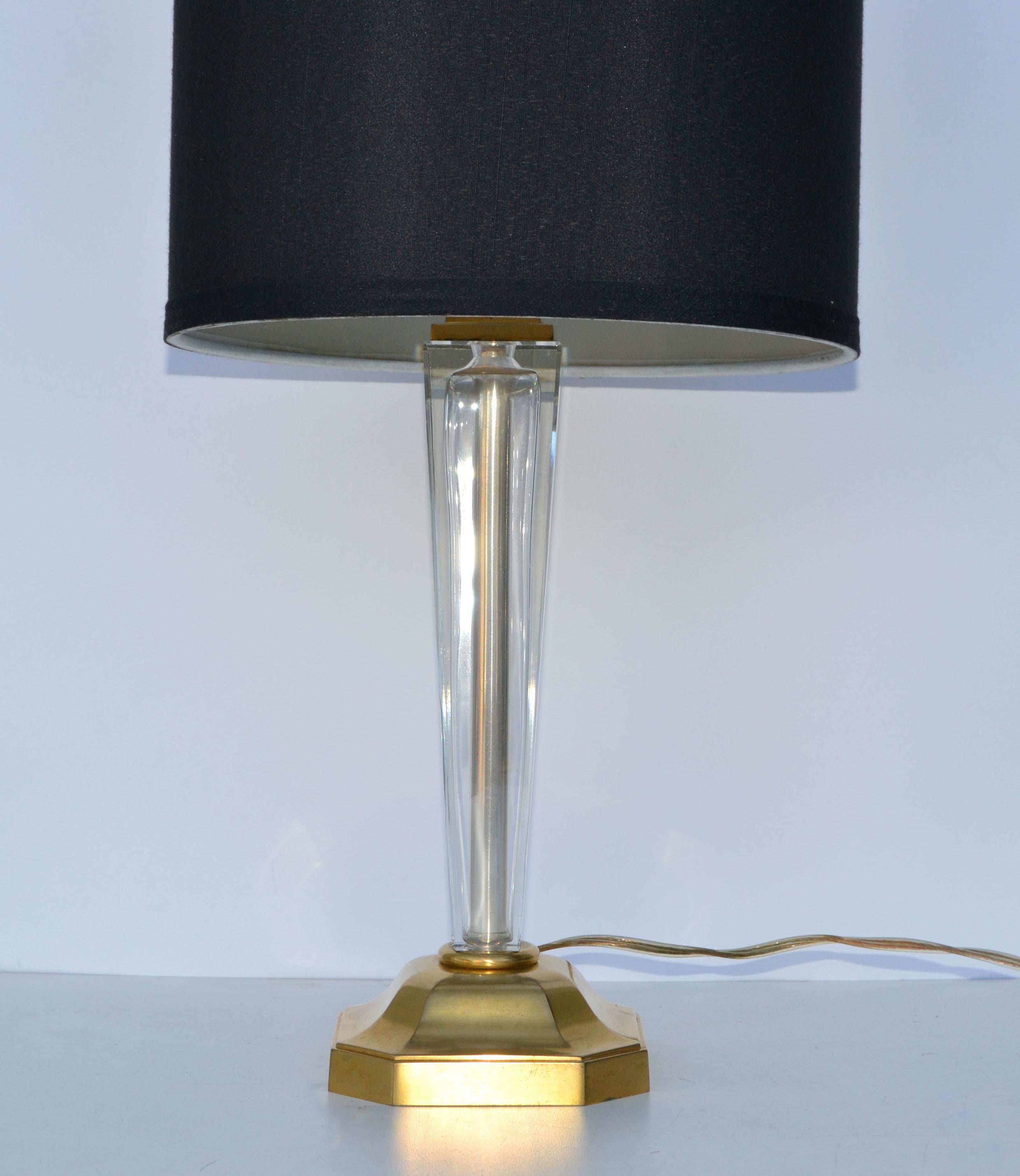 Maison Arlus Neoclassical Brass & Crystal Glass Table Lamp Black Drum Shade For Sale 5