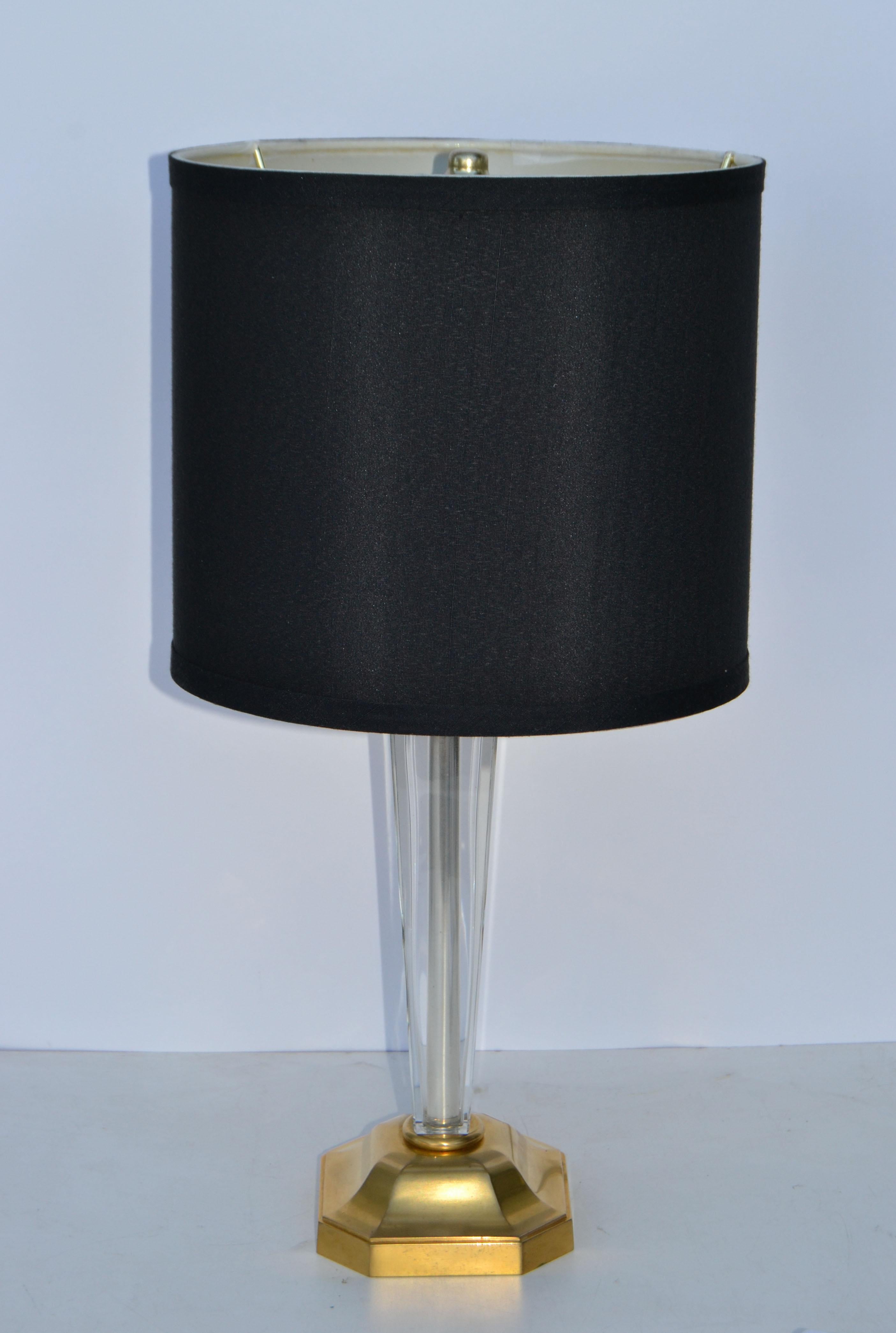 Glass & brass table lamp with clip on harp and black fabric shade neoclassical by Maison Charles, France 1950. 
US Rewiring, lamp takes 1 small candelabra light bulbs with max 60 watts.
Drum shade measures: Diameter: 9 inches, Height: 8