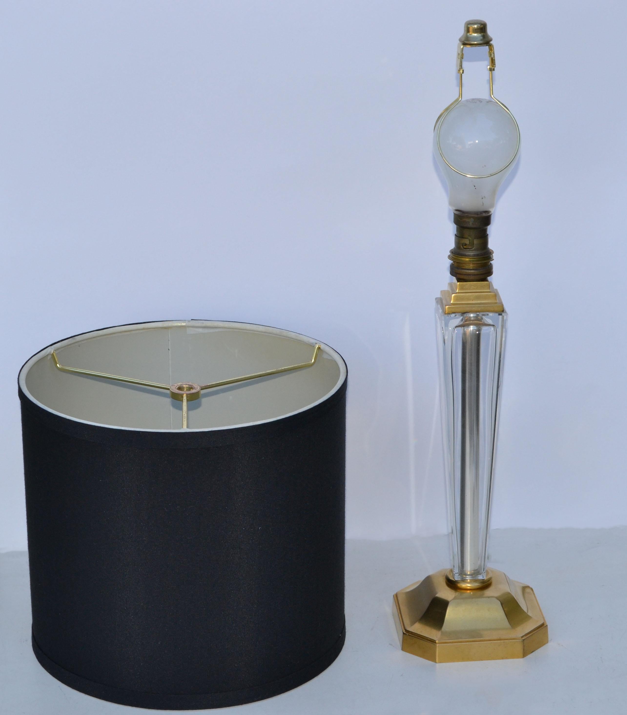 Maison Arlus Neoclassical Brass & Crystal Glass Table Lamp Black Drum Shade In Good Condition For Sale In Miami, FL