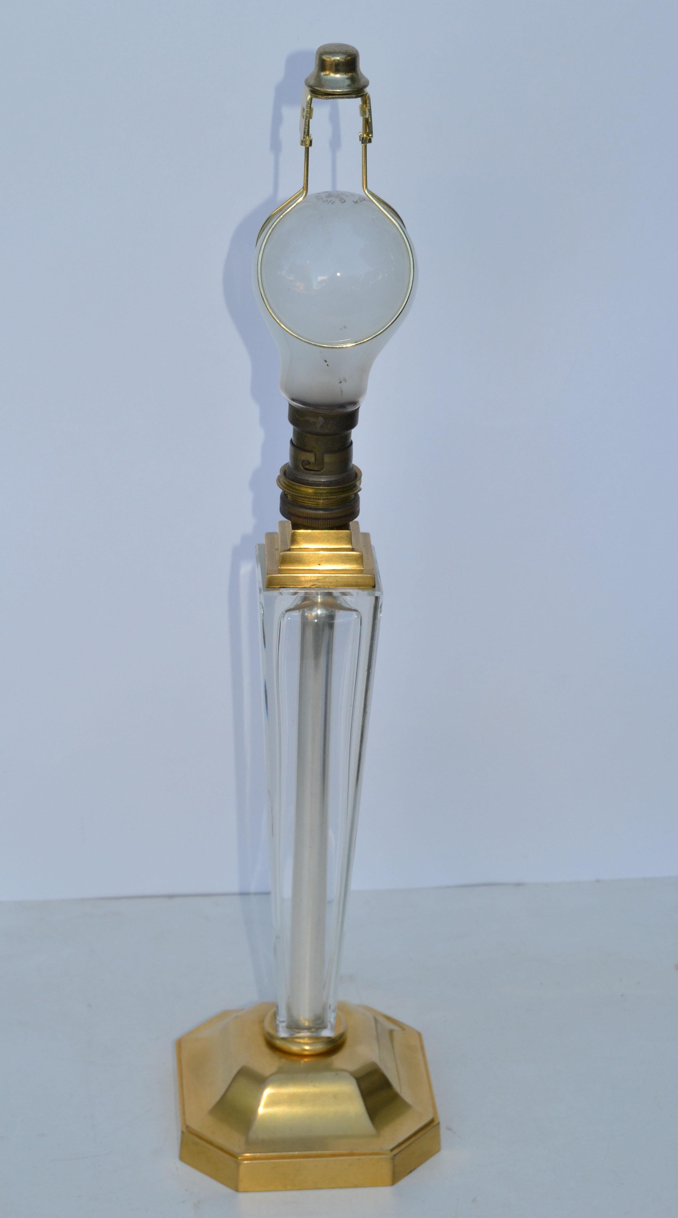 20th Century Maison Arlus Neoclassical Brass & Crystal Glass Table Lamp Black Drum Shade For Sale