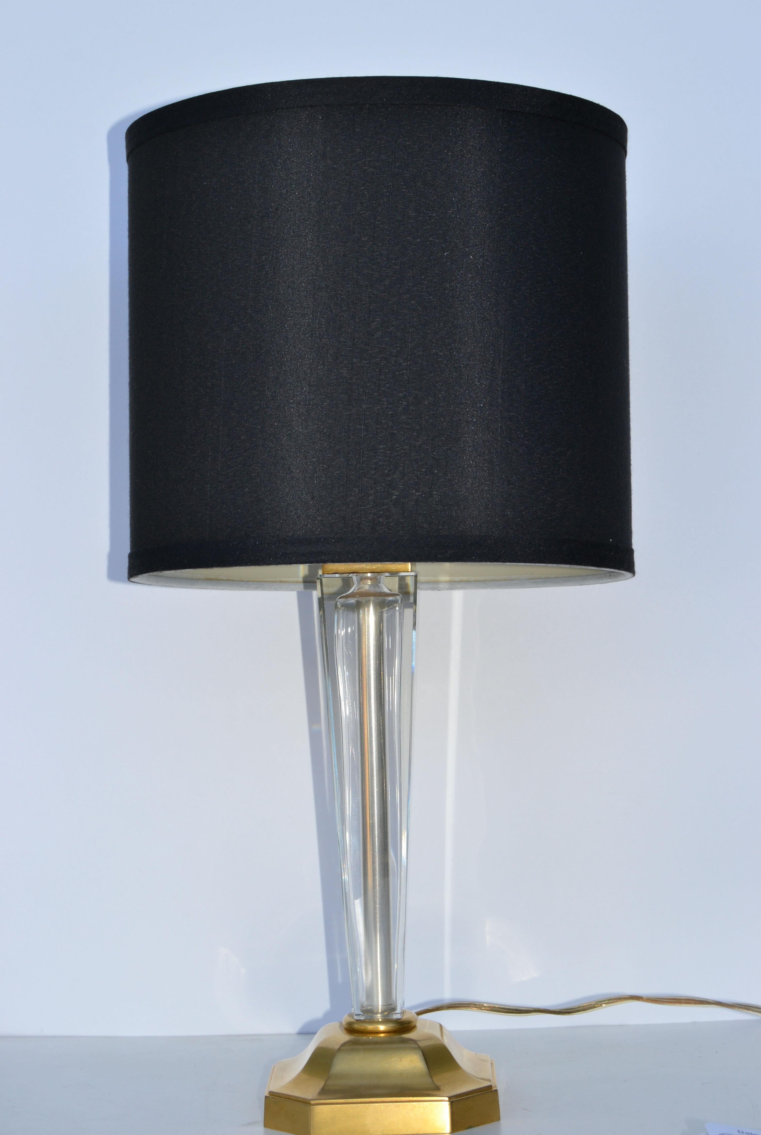 Maison Arlus Neoclassical Brass & Crystal Glass Table Lamp Black Drum Shade For Sale 4