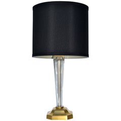 Maison Arlus Lámpara de mesa neoclásica de latón y cristal Pantalla de tambor negra
