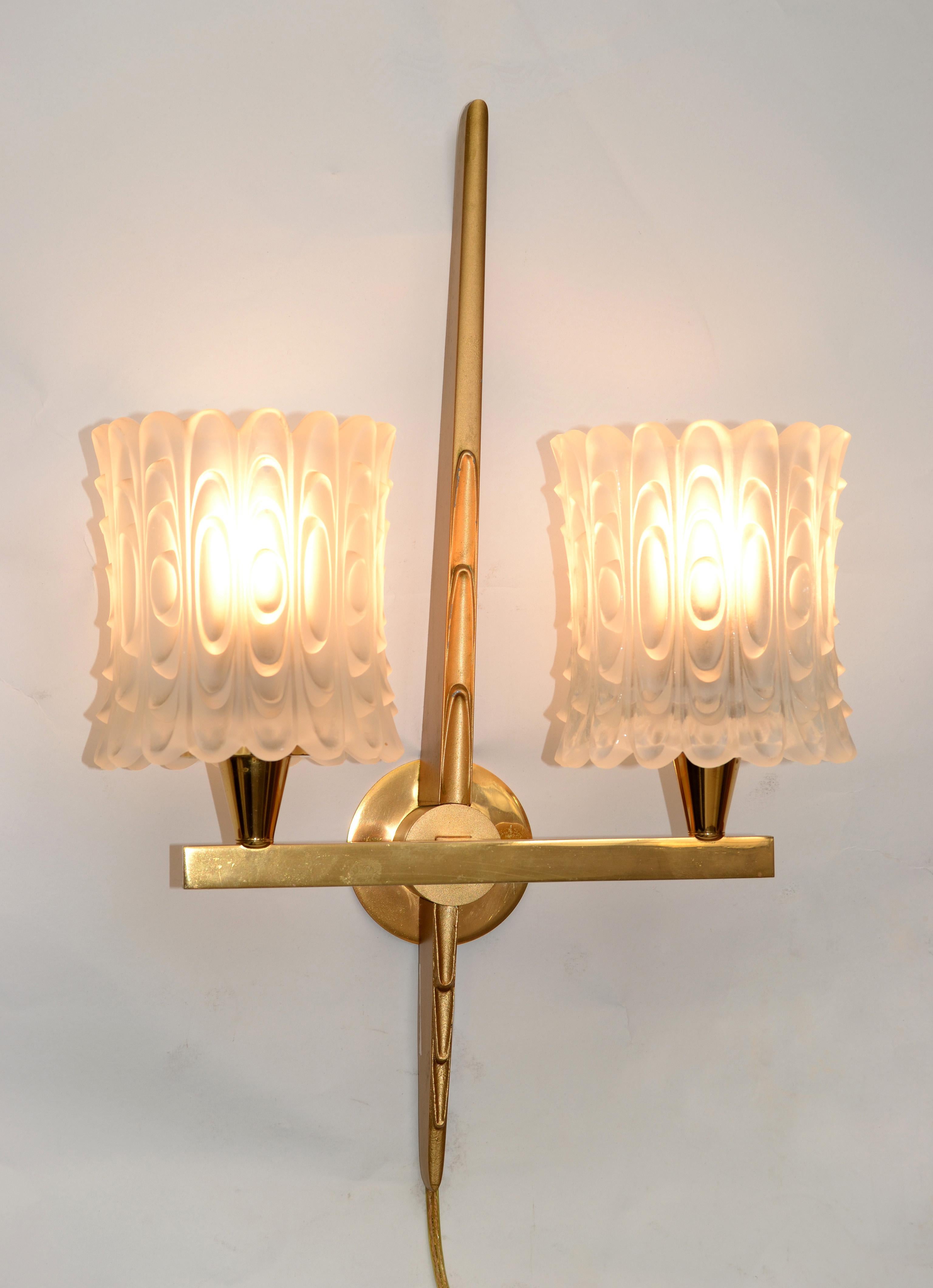 Maison Arlus Pair of Double Brass & Textured Glass Sconces Wall Lights Art Deco For Sale 5