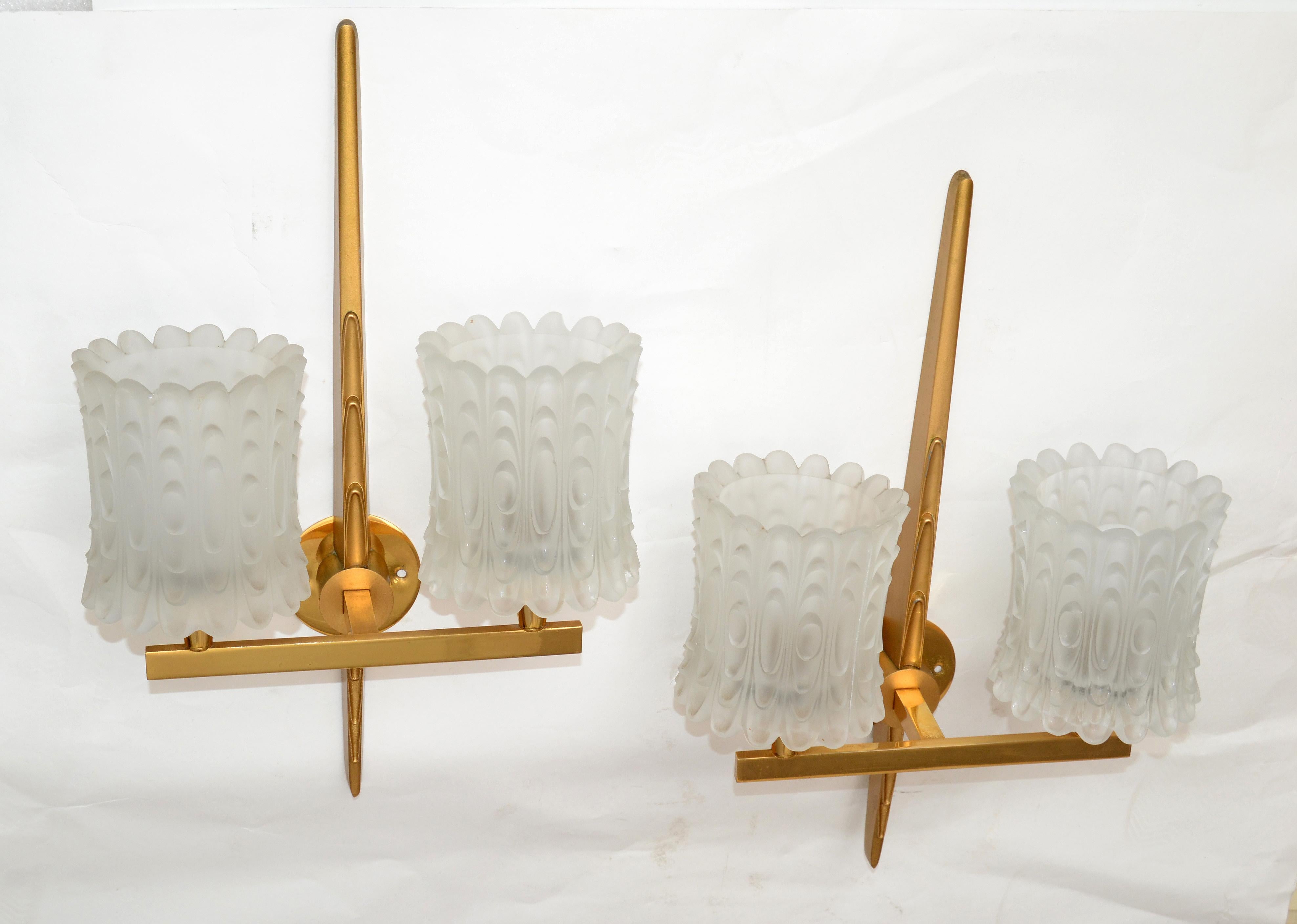 Maison Arlus Pair of Double Brass & Textured Glass Sconces Wall Lights Art Deco For Sale 9