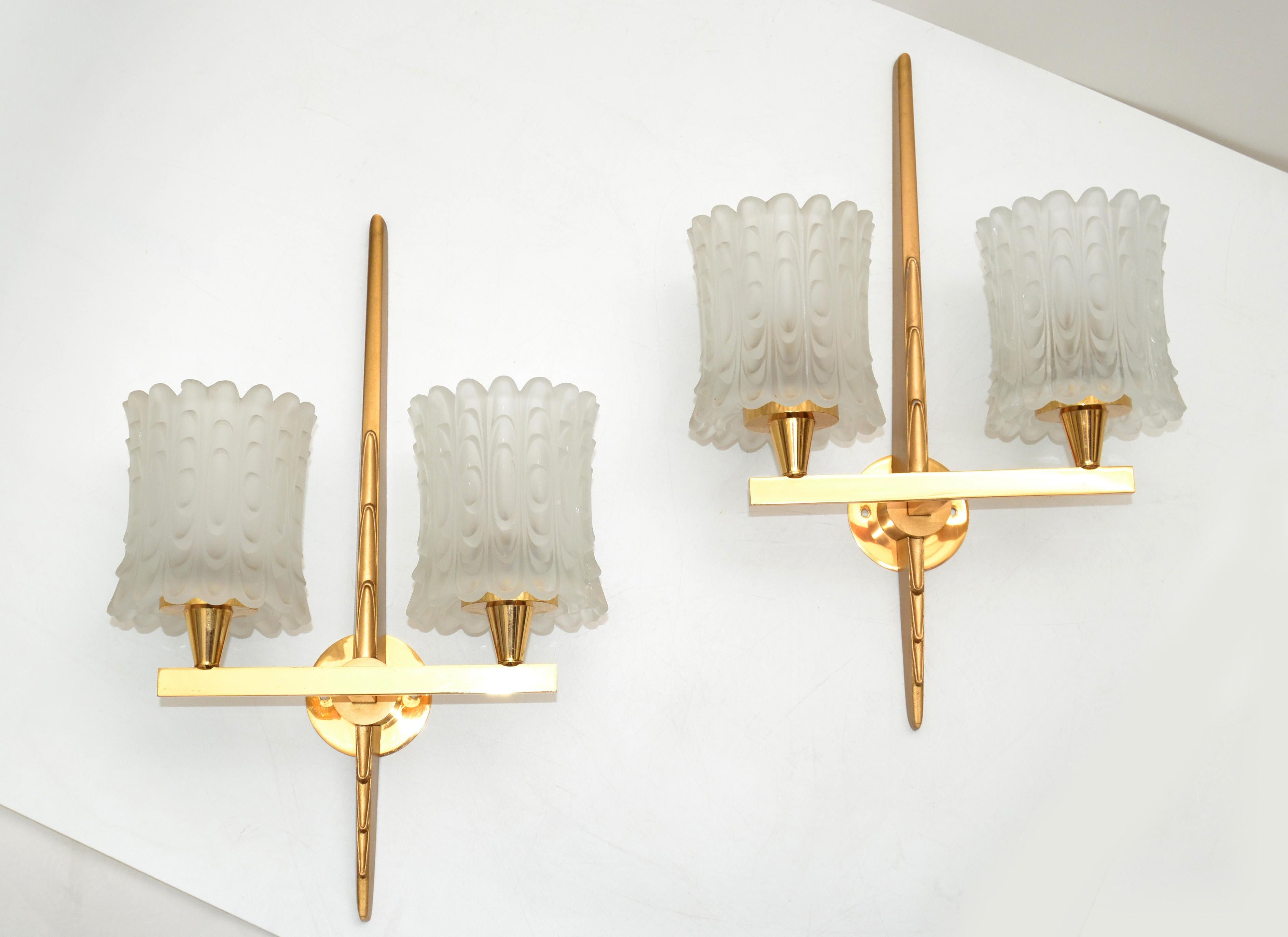 Maison Arlus Pair of Double Brass & Textured Glass Sconces Wall Lights Art Deco For Sale 10