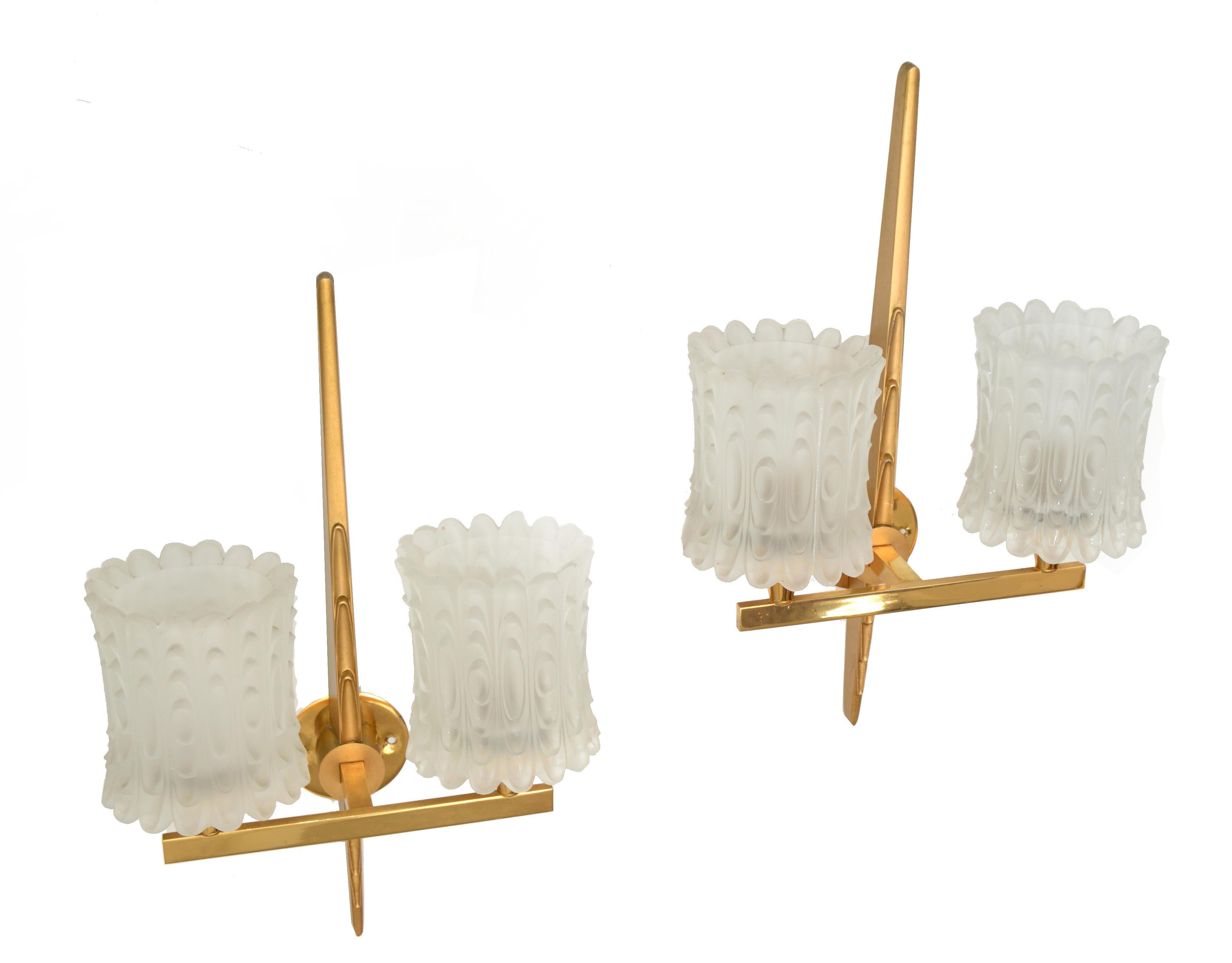 Maison Arlus Pair of Double Brass & Textured Glass Sconces Wall Lights Art Deco For Sale 11