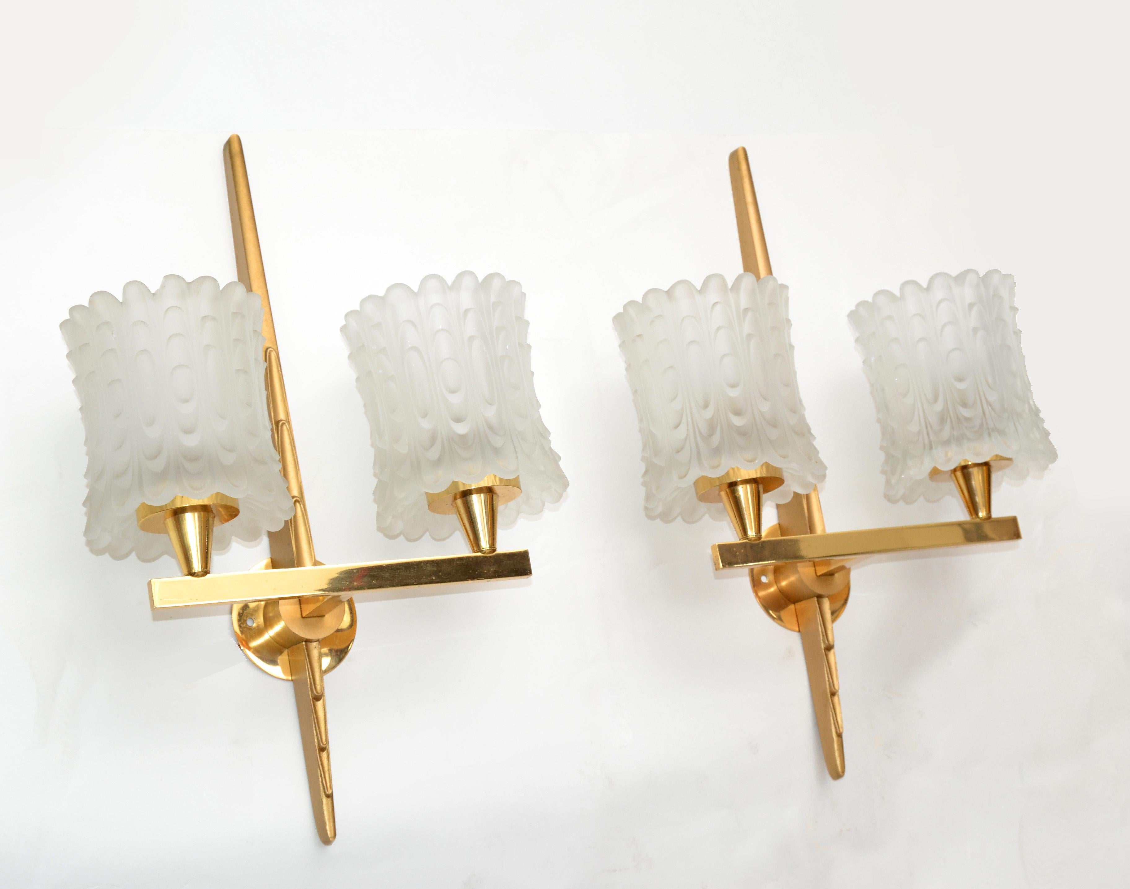 Mid-Century Modern Maison Arlus Pair of Double Brass & Textured Glass Sconces Wall Lights Art Deco For Sale