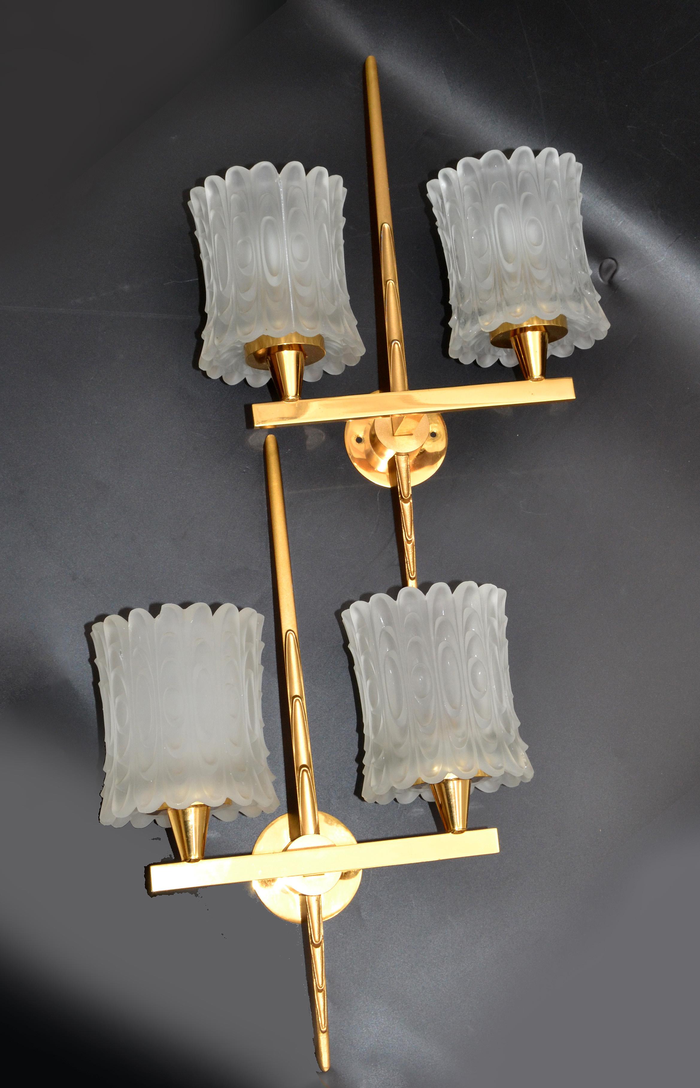 Polished Maison Arlus Pair of Double Brass & Textured Glass Sconces Wall Lights Art Deco For Sale