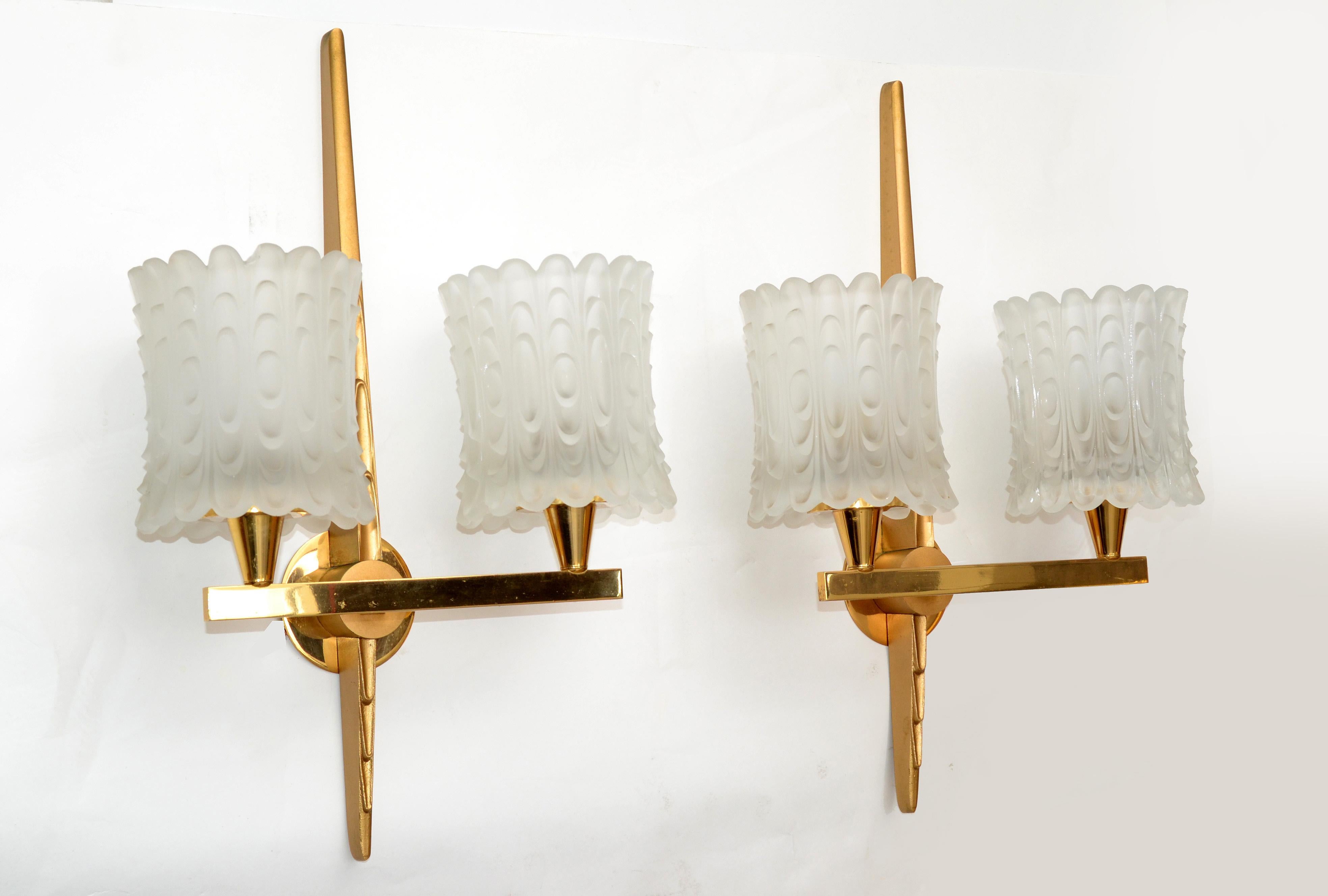 Maison Arlus Pair of Double Brass & Textured Glass Sconces Wall Lights Art Deco In Good Condition For Sale In Miami, FL