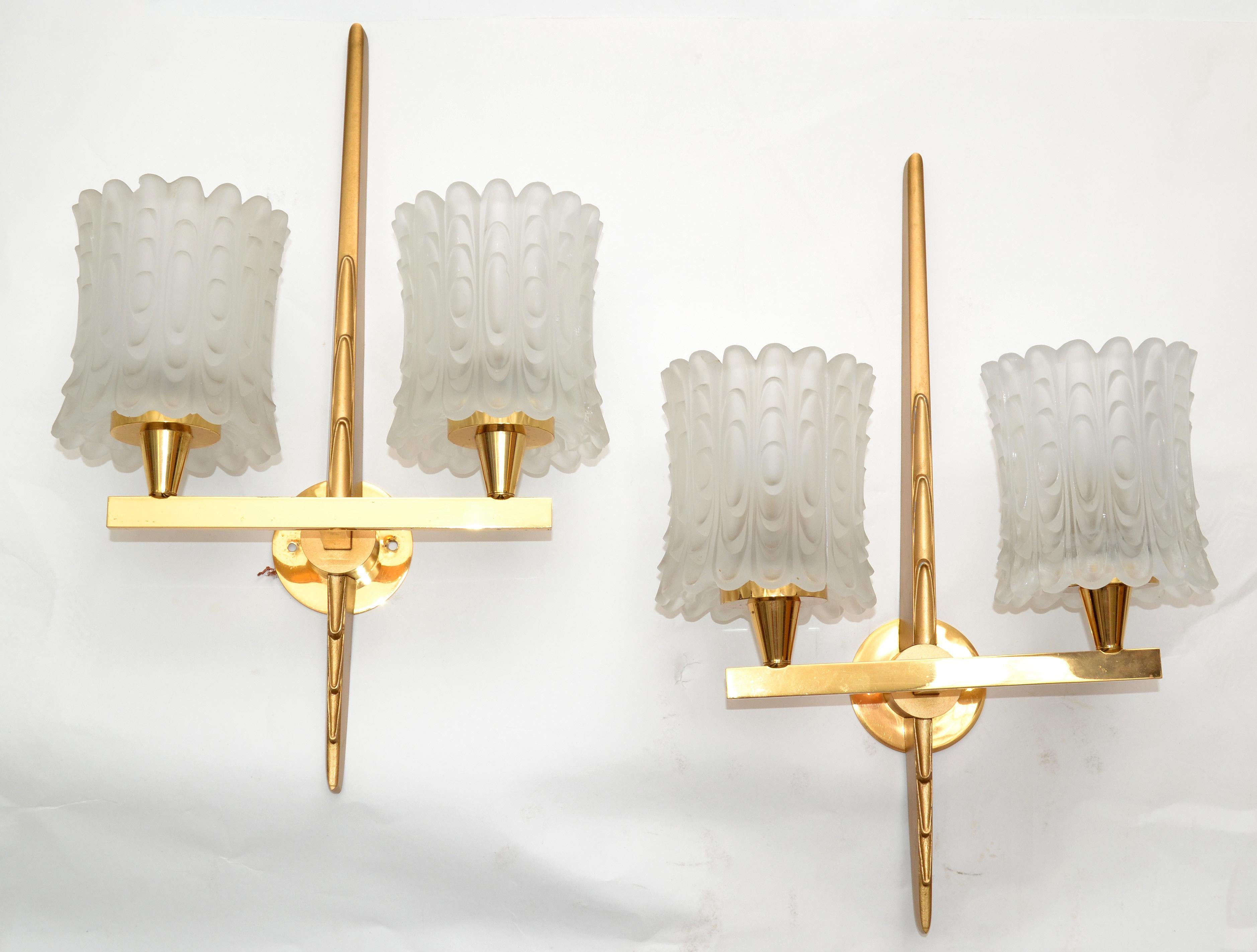 Maison Arlus Pair of Double Brass & Textured Glass Sconces Wall Lights Art Deco For Sale 1