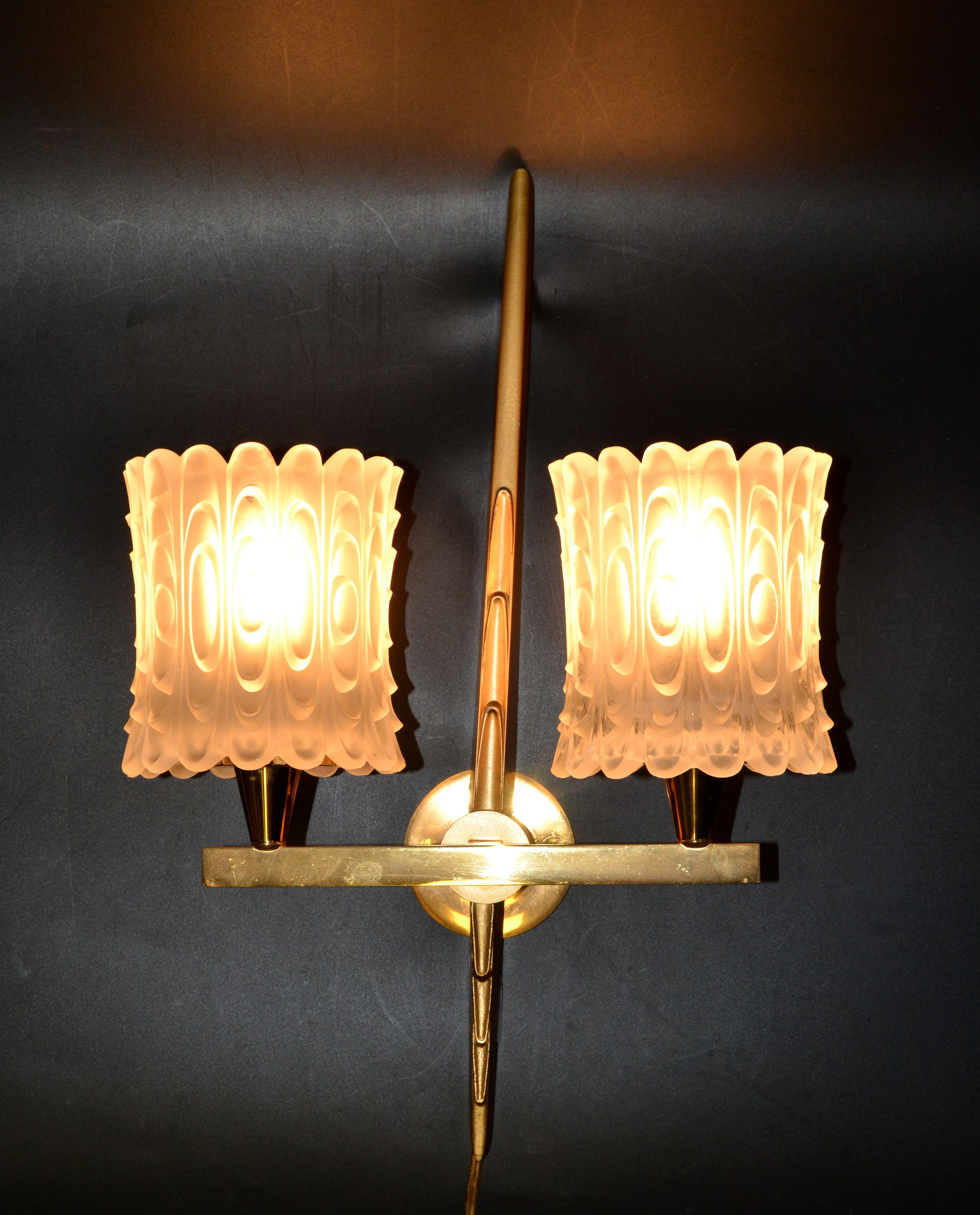 Maison Arlus Pair of Double Brass & Textured Glass Sconces Wall Lights Art Deco For Sale 2