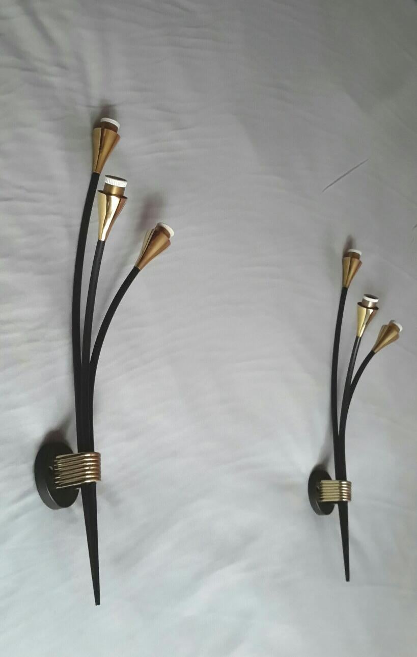 Maison Arlus Pair of Mid-Century Modern Brass Sconces, France, 1950 In Good Condition In Paris, FR