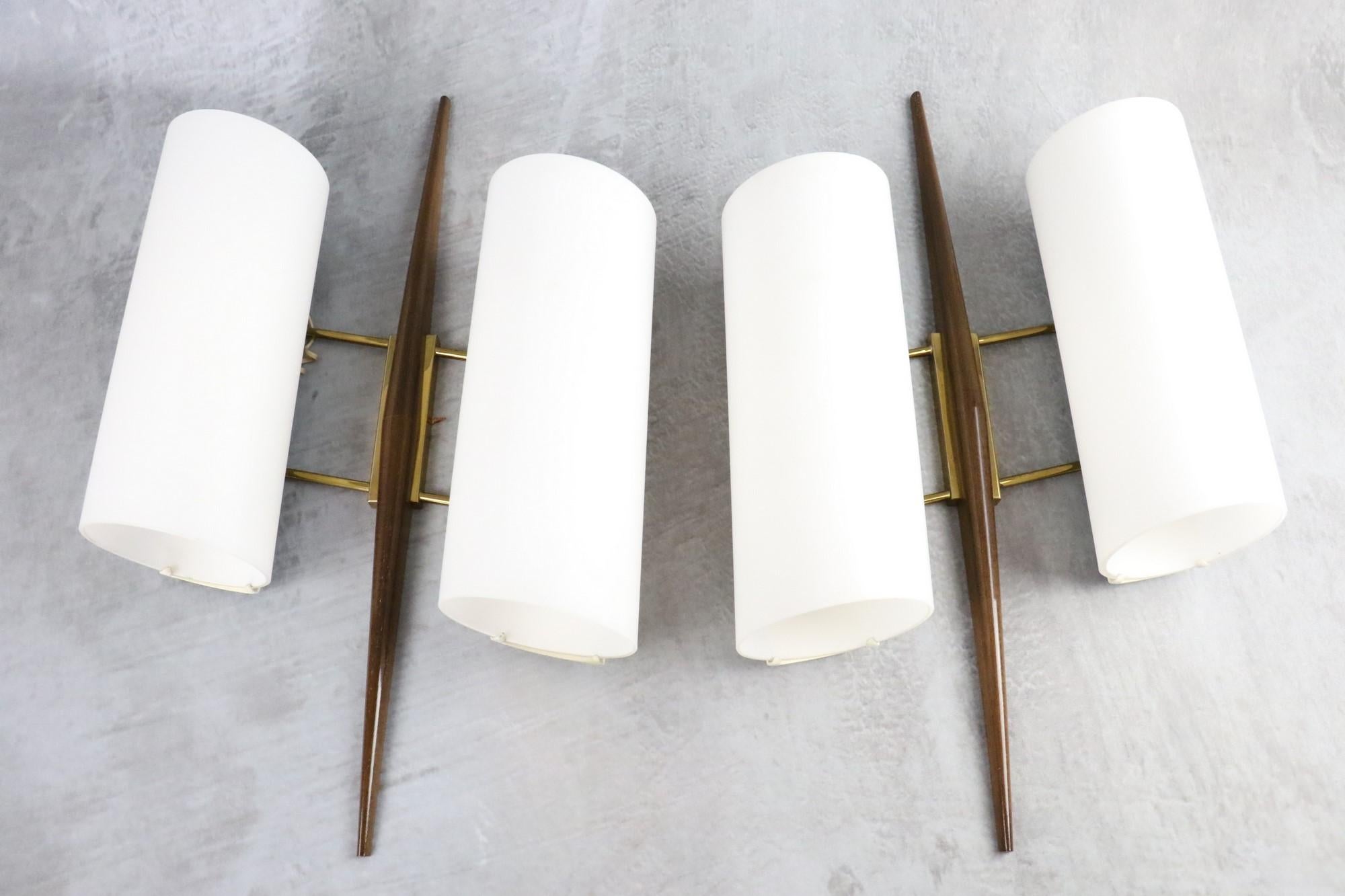 Maison Arlus, Pair of Mid-Century Modern Double Lighting Wall Lamps 1950s France In Good Condition In Camblanes et Meynac, FR