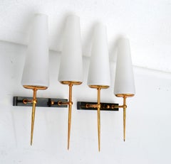 Maison Arlus Pair of Sconces Brass, Steel & Blown Opaline Shades France 1955