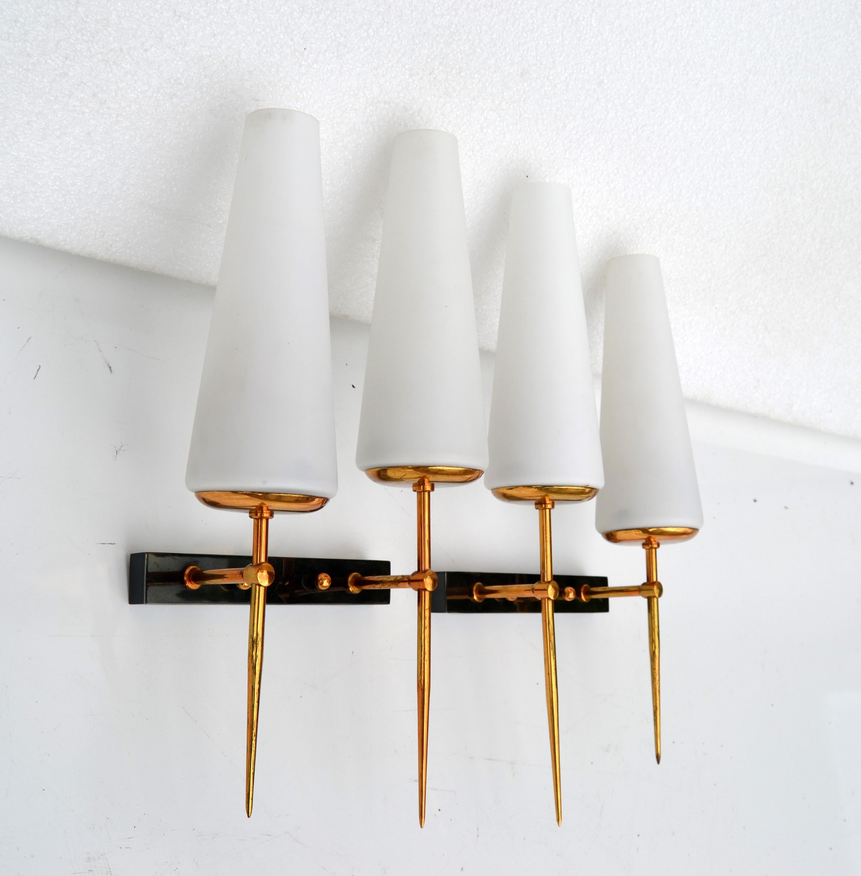 Maison Arlus Pair of Sconces Brass, Steel & Blown Opaline Shades France 1955 In Good Condition In Miami, FL