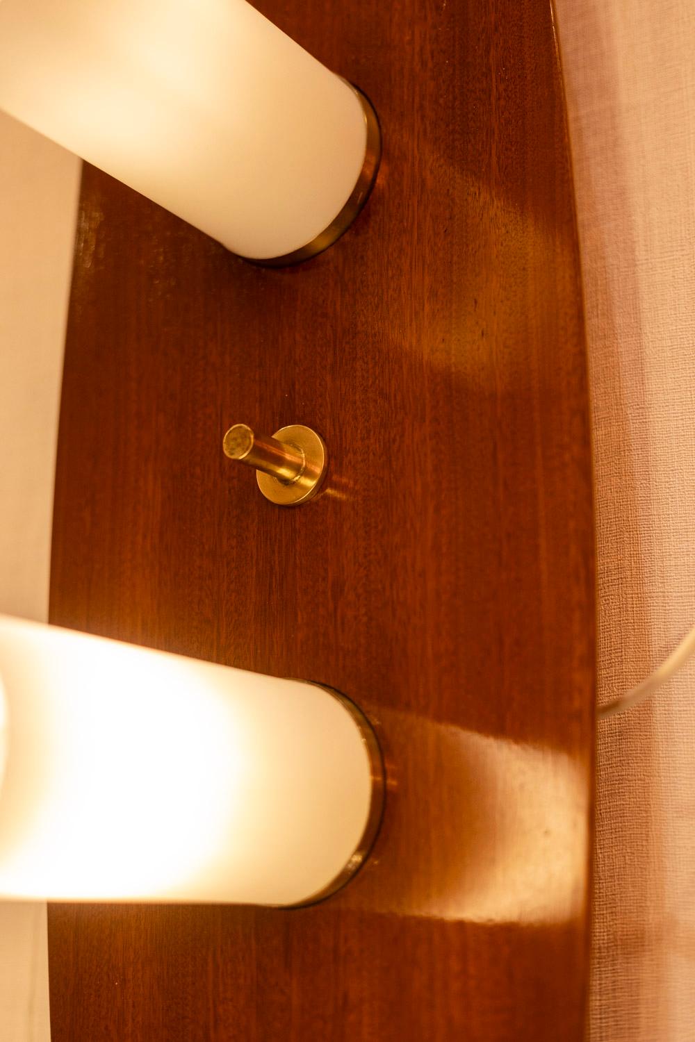 20th Century Maison Arlus, Pair of wall sconces in mahogany and opaline. 1960s. For Sale