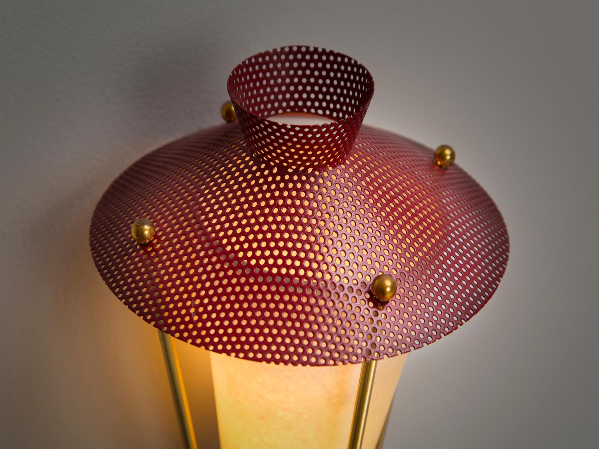 Mid-Century Modern Maison Arlus Wall Light in Red Mesh and Brass 