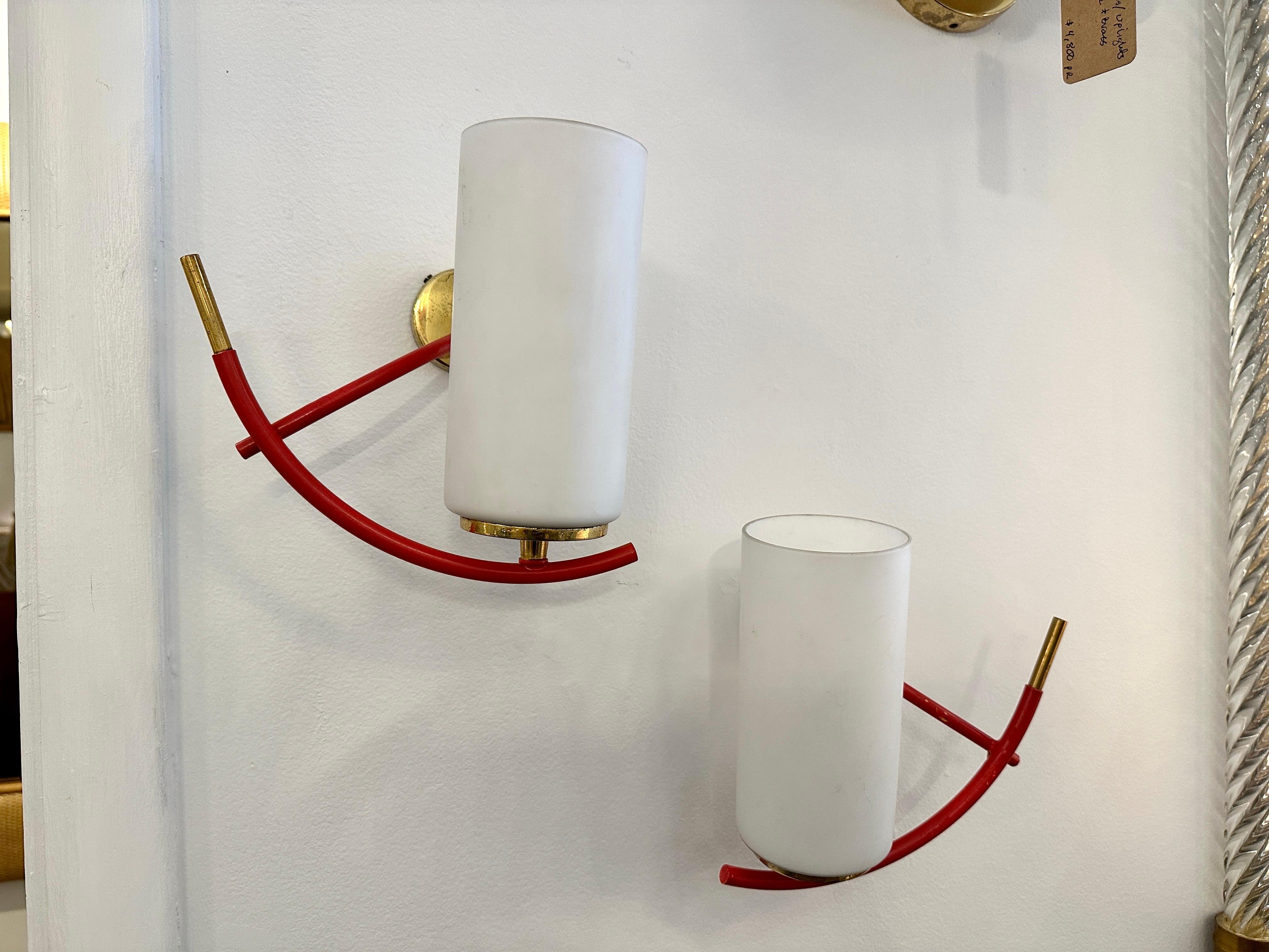 Maison Arlus Red Sconces w/ Brass & Cylinder Opaline Shades Art Deco, Pair In Good Condition For Sale In East Hampton, NY